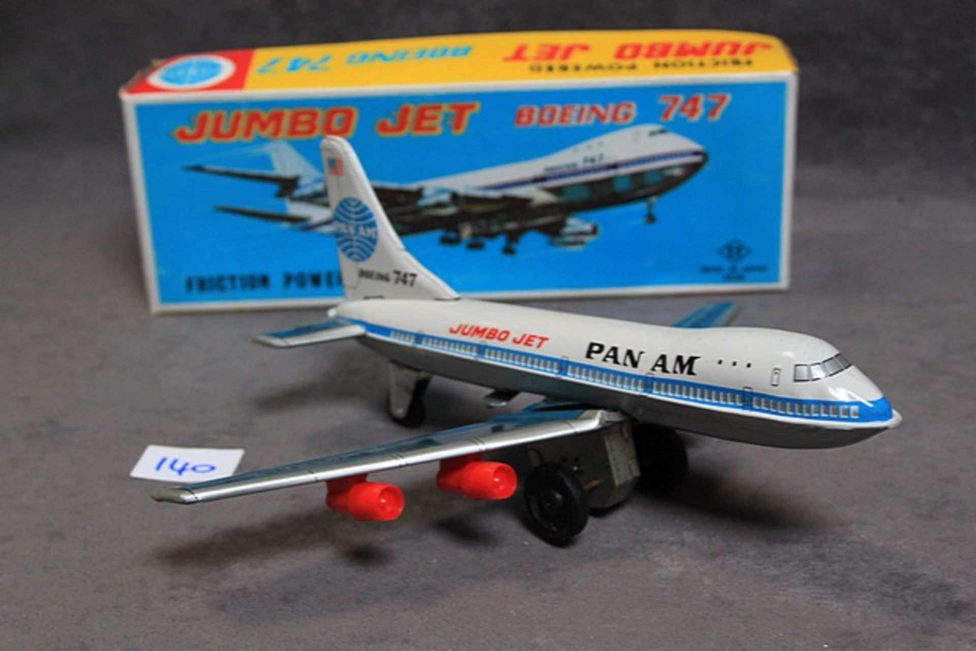 T.T TOYS TAKATOKU (JAPAN) Jumbo Jet Boeing 747 Friction Powered Plane approx 12 inches long