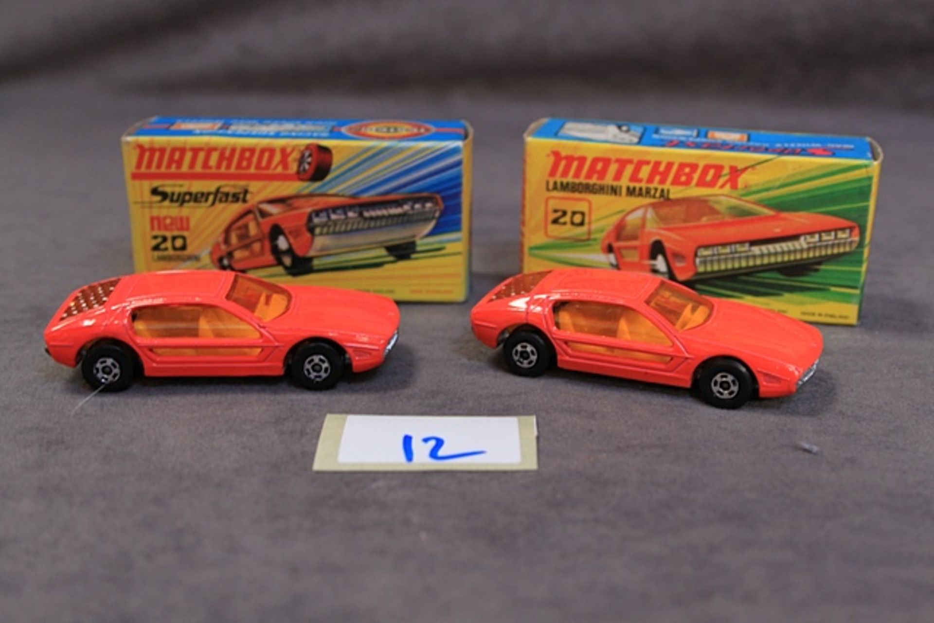 2 X Matchbox Diecast Models #20 Lamborghini Marzal Metallic Red Boy Yellow Interior Orange Windows