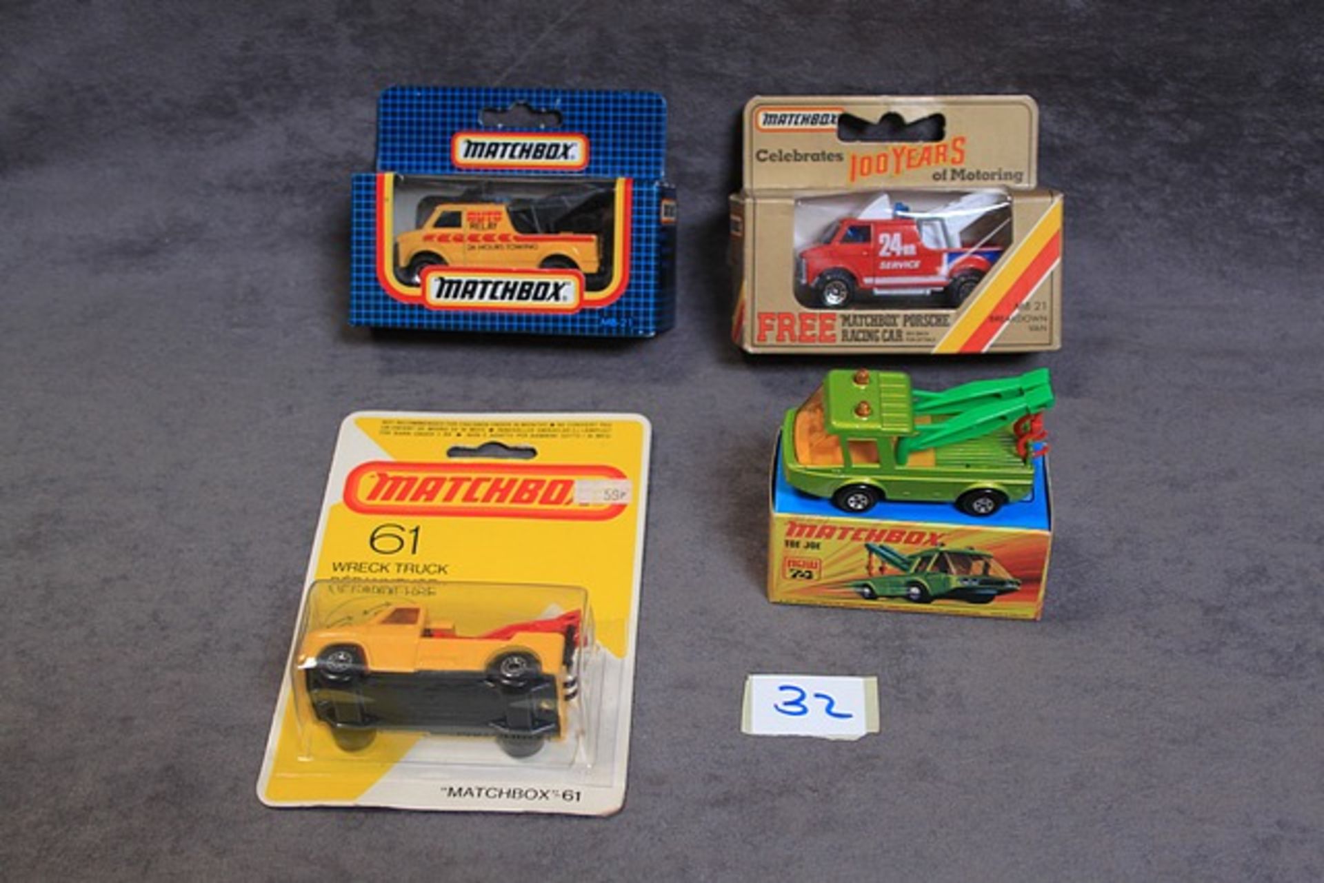 4 X Matchbox Diecast Models #74 Toe Joe Mint In Crisp Box # 61 Wreck Truck Mint On Card #21auto