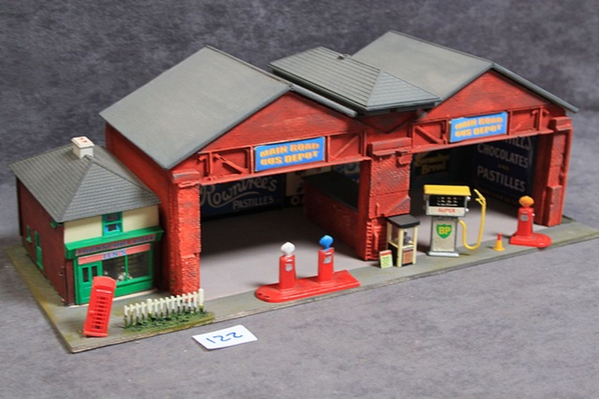 Wood Constructed Model Of Main Road Bus Depot With Petrol Pumps, Figures Forecourt And Transport - Image 2 of 3