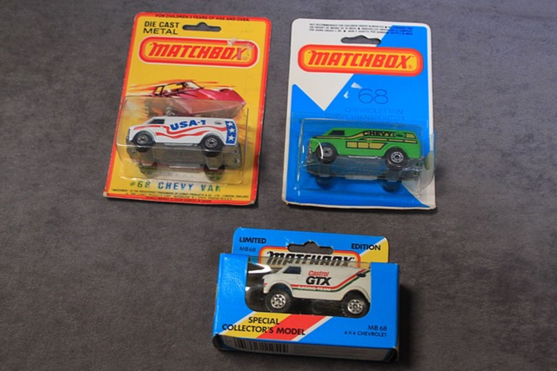 3 X Matchbox Diecast Models #68 Chevy Van USA1 White Mint On Good Card #68 Green Chevy Mint On - Image 2 of 2
