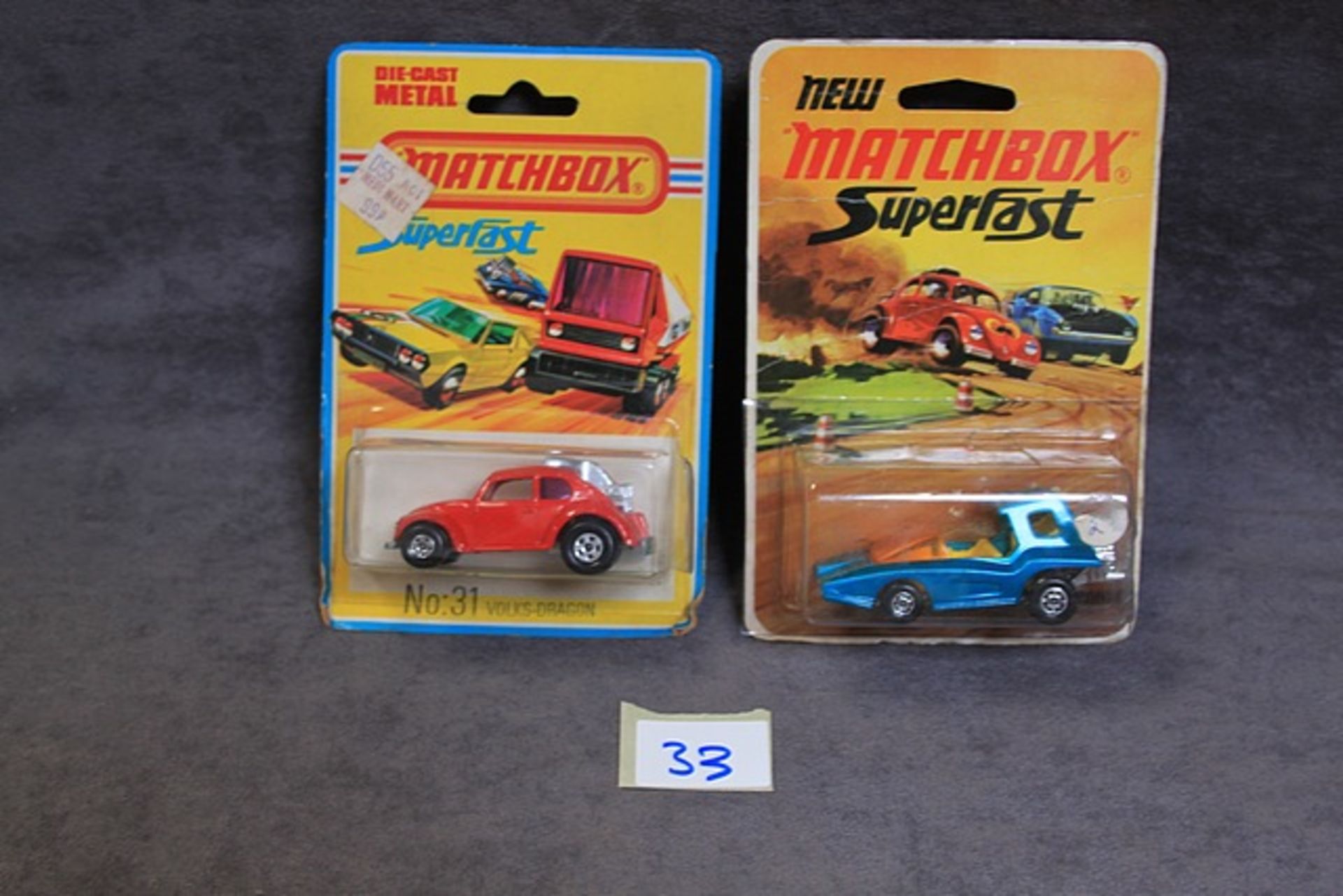 2 X Matchbox Superfast Diecast Models #37 Soopa Cooper Metallic Blue Mint On Open Card And #31 Volks