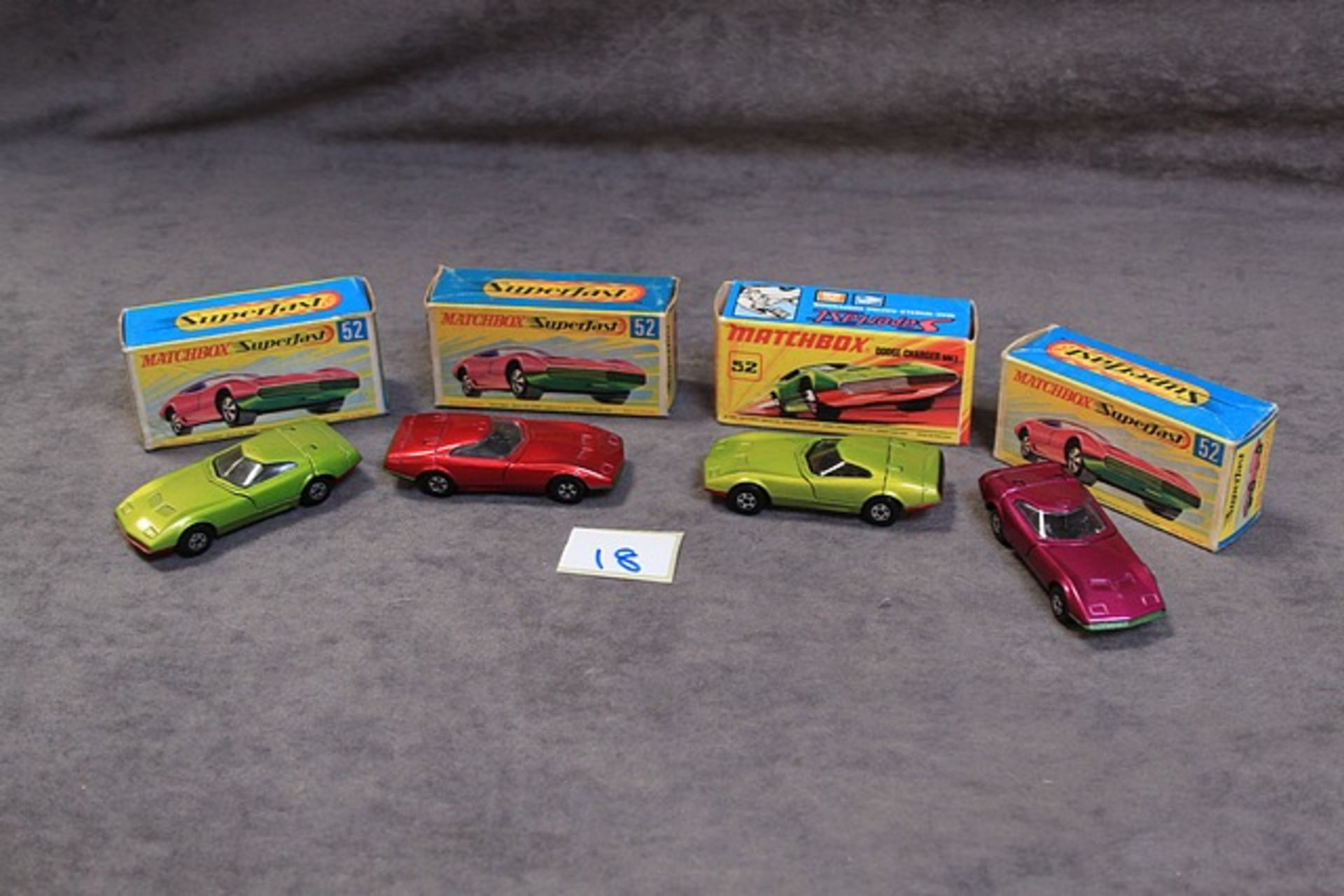 4 X Matchbox Superfast #52 Dodge Charger MIIi 2 X Lime Green, Burgundy, Purple All Mint Models In