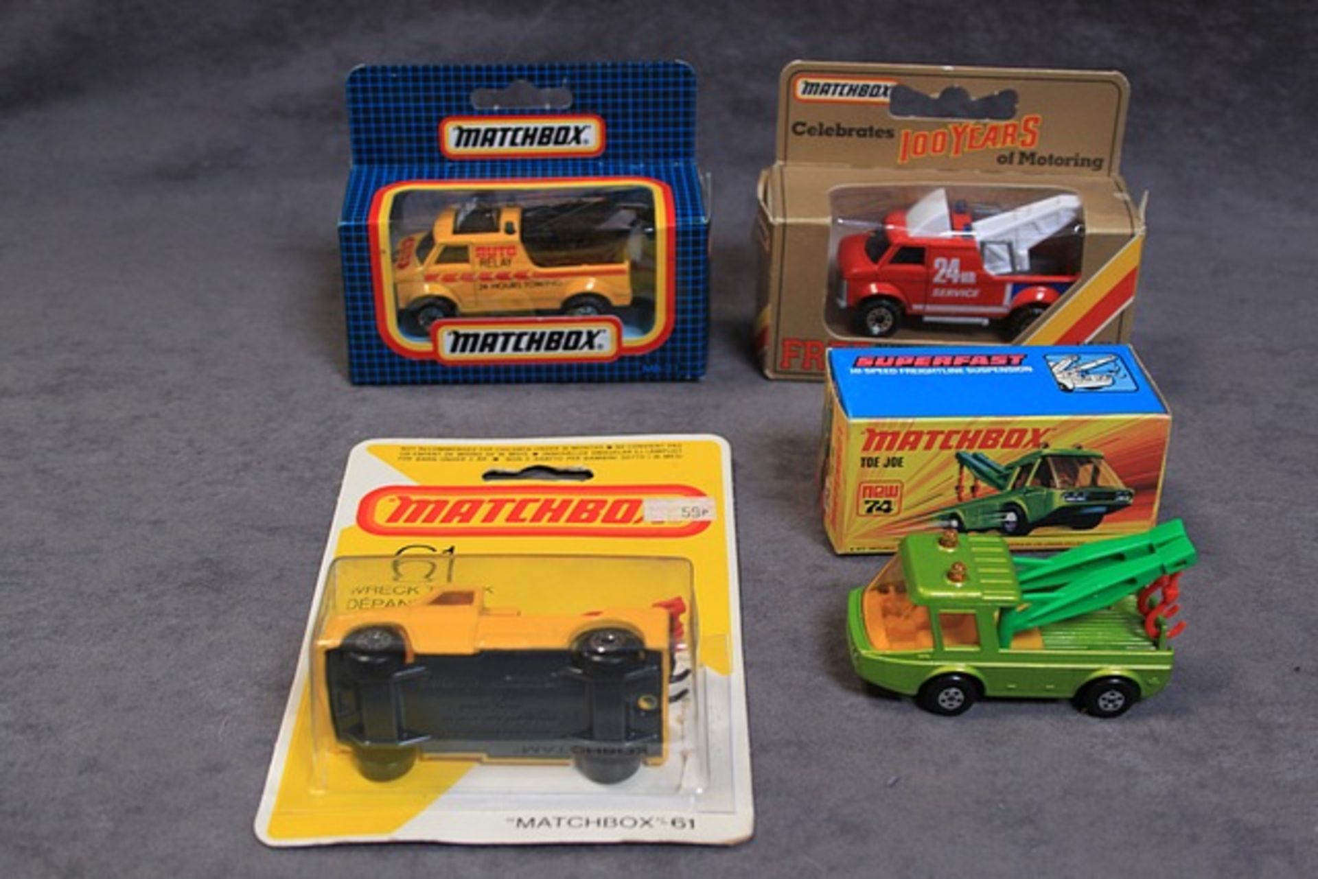 4 X Matchbox Diecast Models #74 Toe Joe Mint In Crisp Box # 61 Wreck Truck Mint On Card #21auto - Image 2 of 2