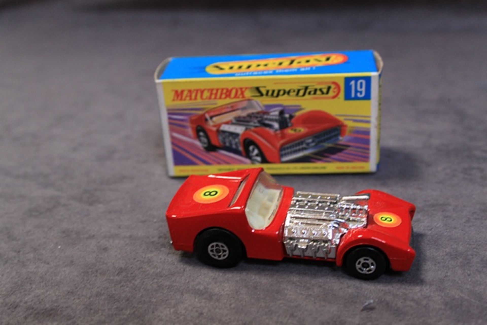 Matchbox Superfast Diecast #19 Road Dragster Red With Number 8 Decal Mint Model Excellent Box - Image 2 of 2