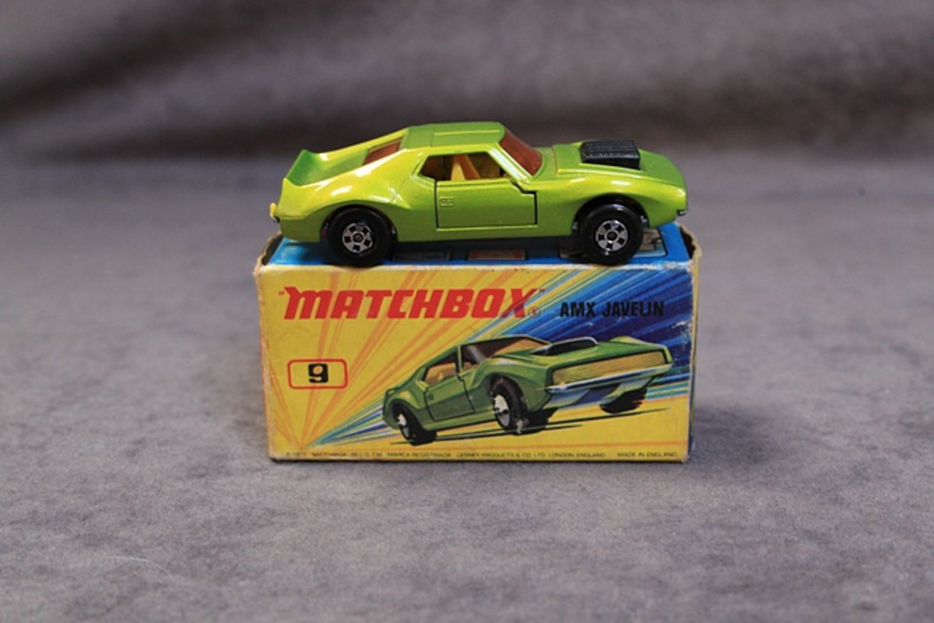 Matchbox Diecast #9 AMX Jardin Metallic Lime Green Model Mint In Very Good Box - Image 2 of 2