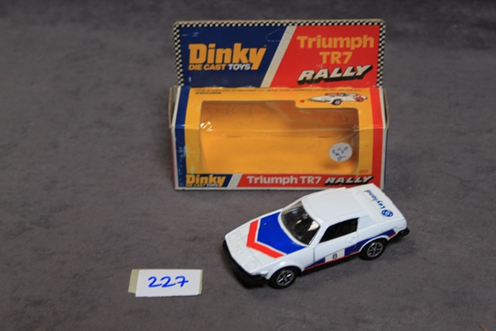 Mint Dinky Diecast #207 Triumph TR Rally White/Blue/Red Racing Number #8, Leyland Logo in Near mint - Image 2 of 2