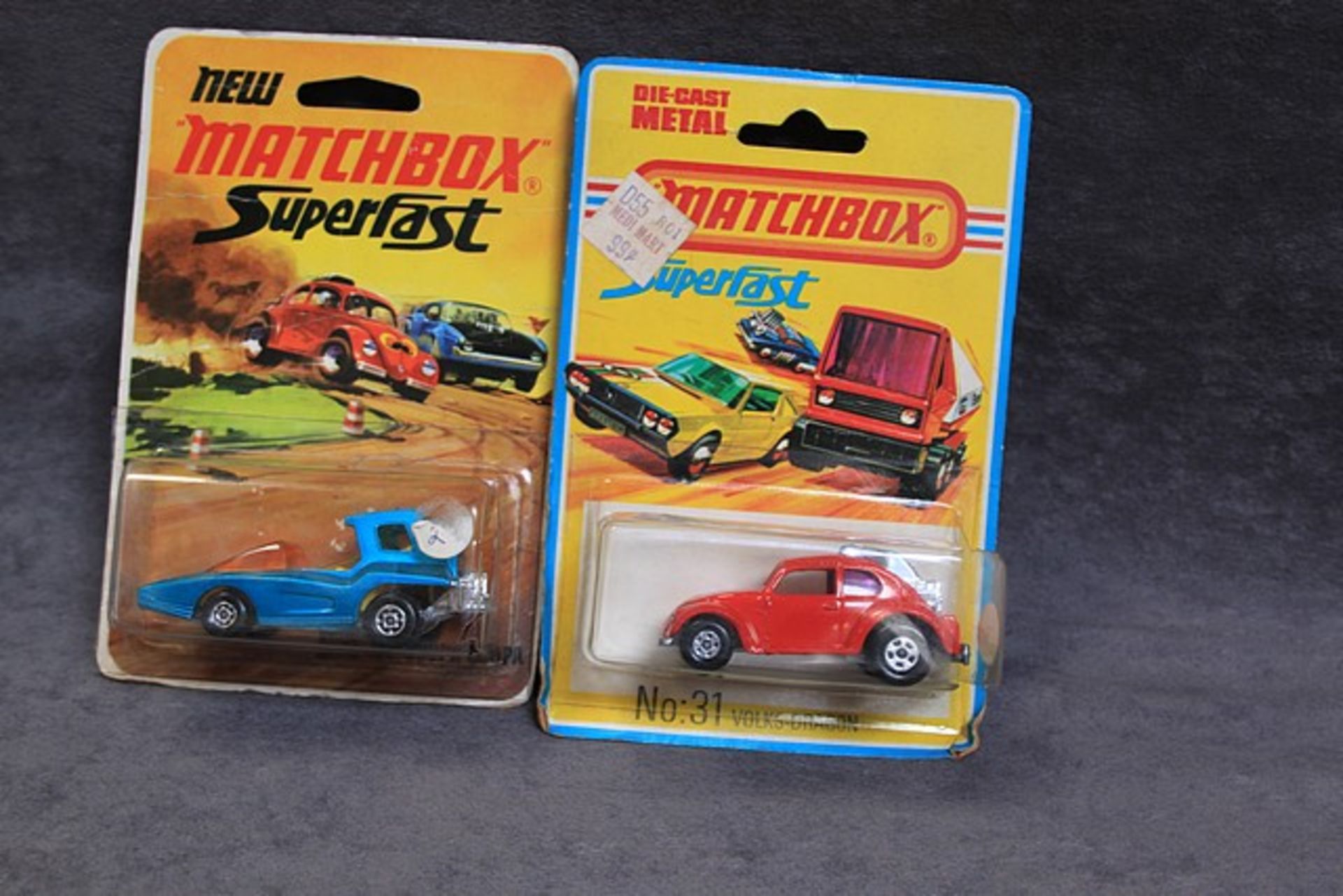 2 X Matchbox Superfast Diecast Models #37 Soopa Cooper Metallic Blue Mint On Open Card And #31 Volks - Image 2 of 2