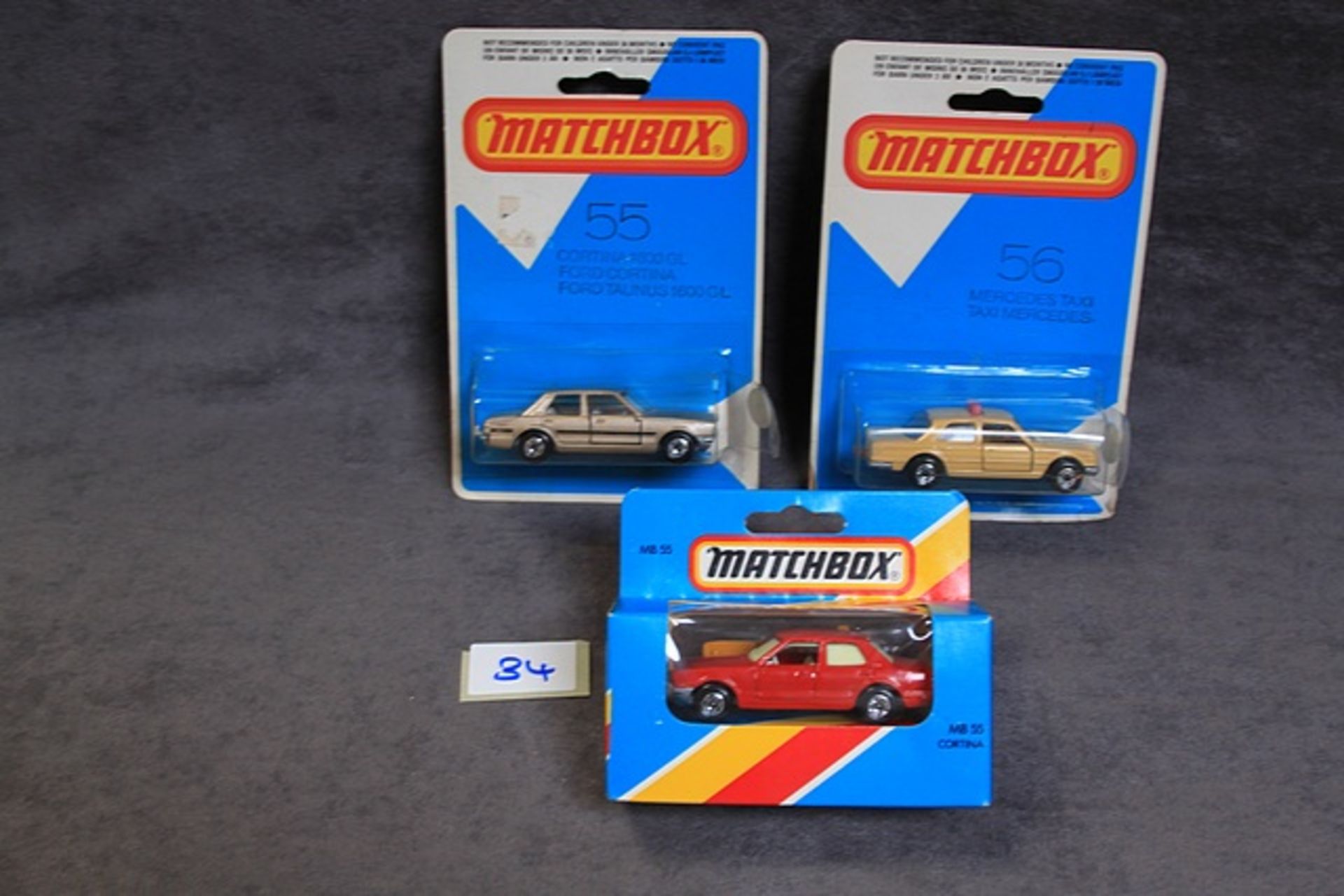 3 X Matchbox Diecast Models #56 MERCEDES TAXI Light Brown Mint On Open Card #55 Ford Cortina Rarer