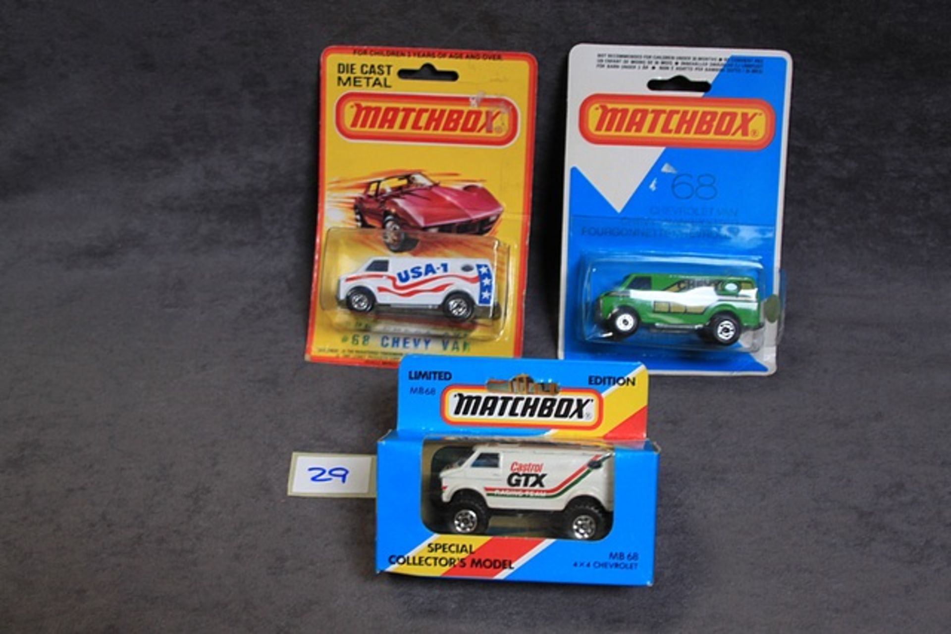 3 X Matchbox Diecast Models #68 Chevy Van USA1 White Mint On Good Card #68 Green Chevy Mint On