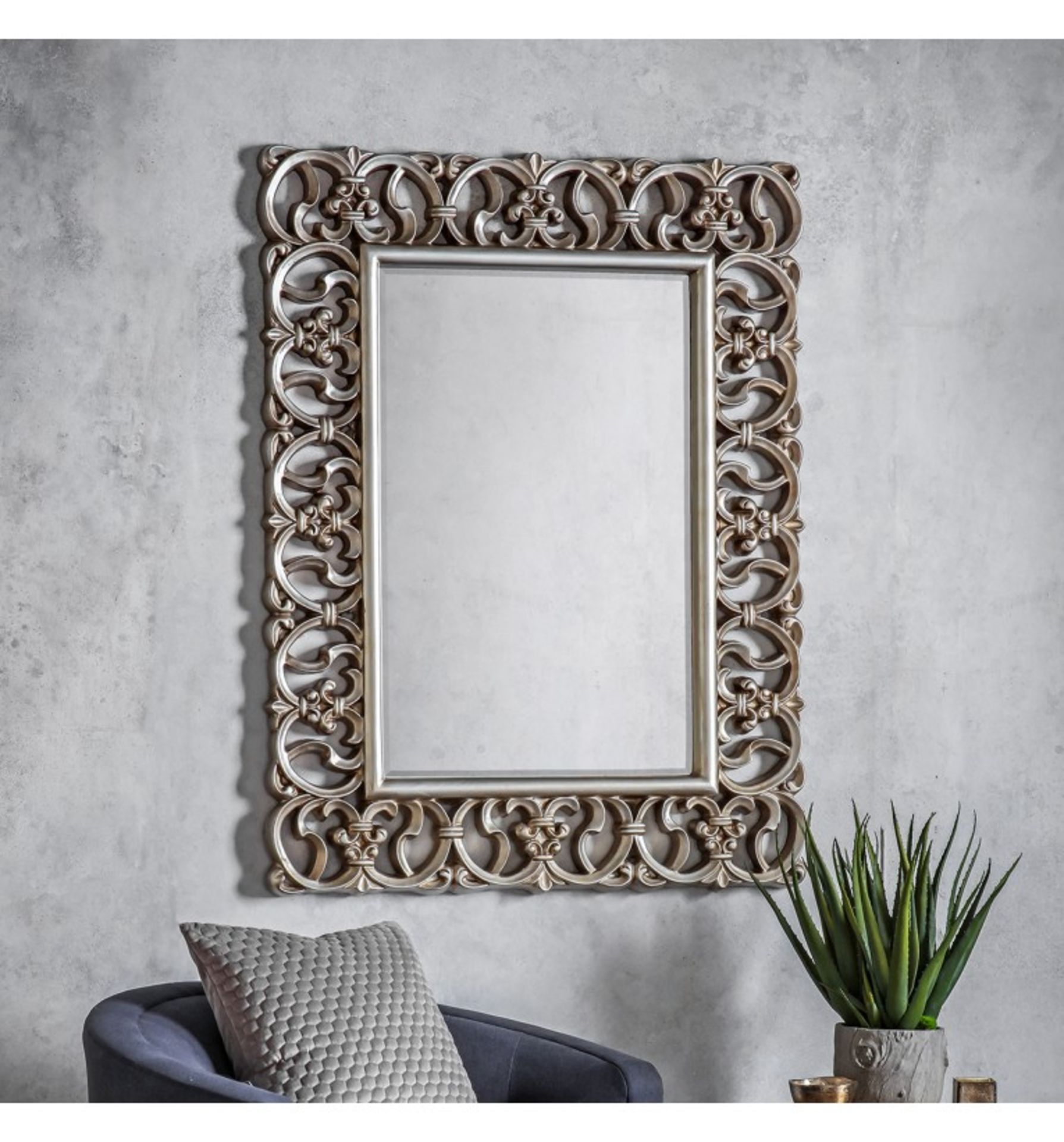 Sumner Mirror 1240x50x930mm Bold statement piece with a deep decorative frame in an antique silver