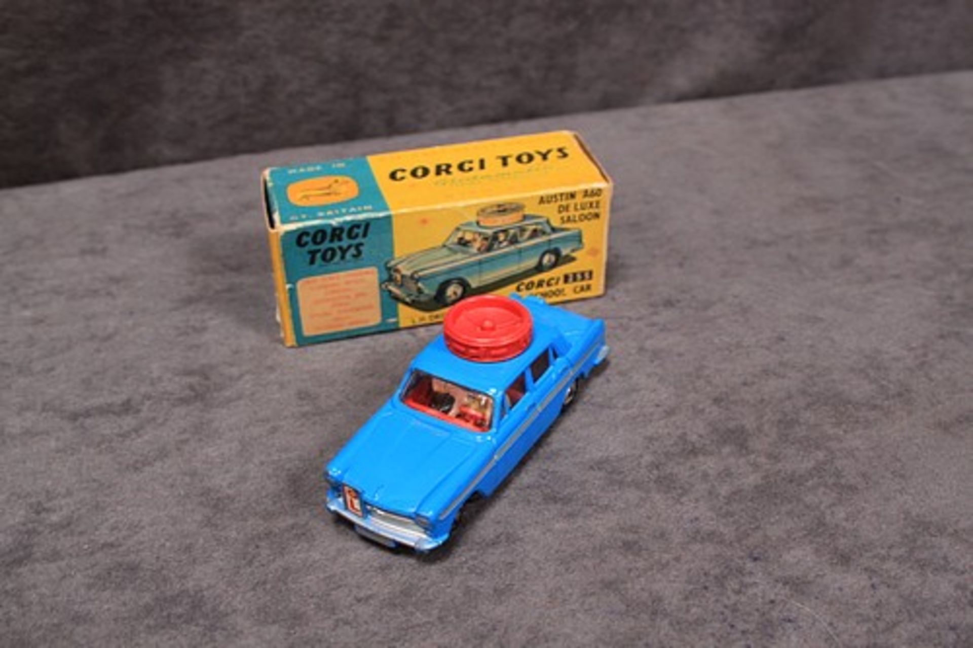 Mint Corgi Toys Diecast #255 Austin A60 De Luxe Saloon Corgi Motor School Car in mid blue with