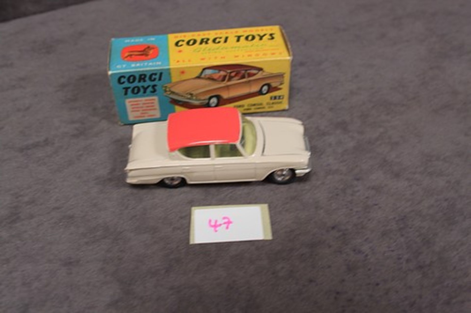 Mint Corgi Toys Diecast #234 Ford Consul Classic 315 in beige and pink in a firm excellent box