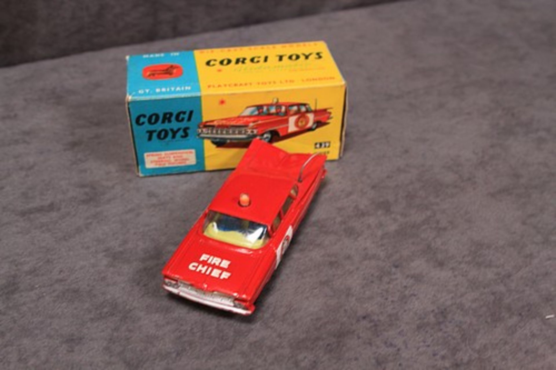 Mint Corgi Toys Diecast #439 Chevrolet Fire Chief Car in a very good box some storage crushing