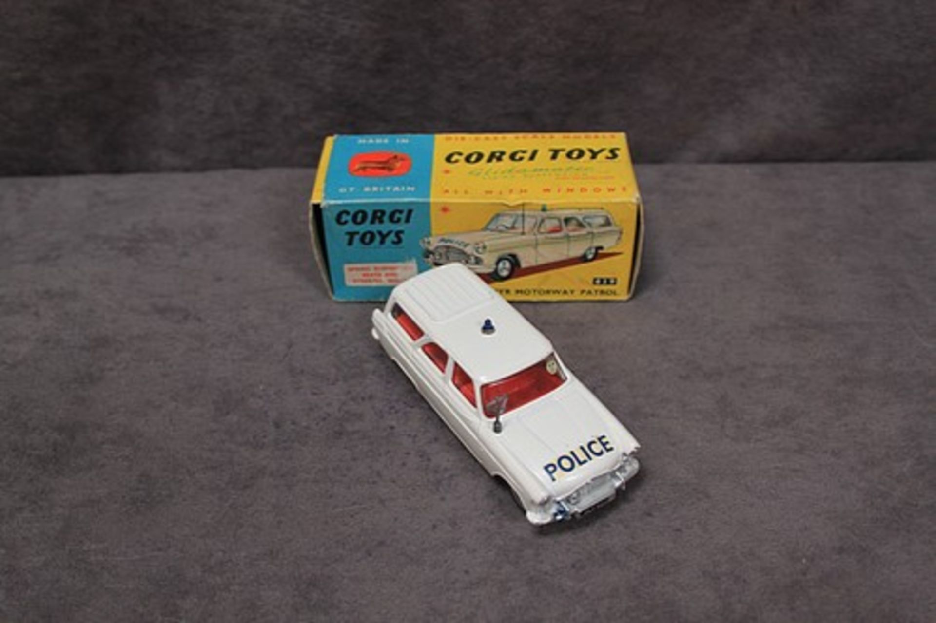 Mint Corgi Toys Diecast #419 Ford Zepher Motorway Patrol in an excellent box (some tiny storage