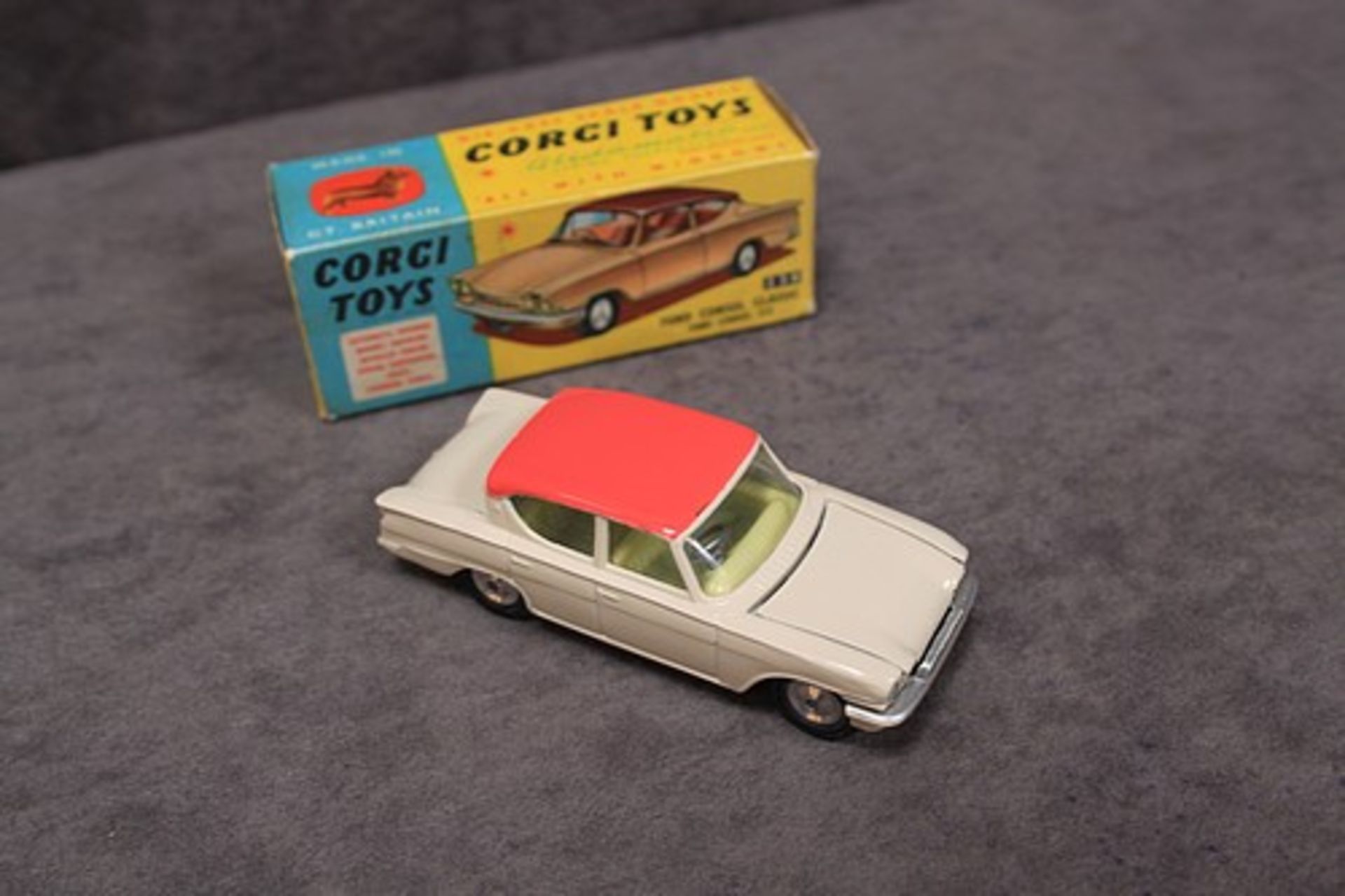 Mint Corgi Toys Diecast #234 Ford Consul Classic 315 in beige and pink in a firm excellent box - Image 2 of 2