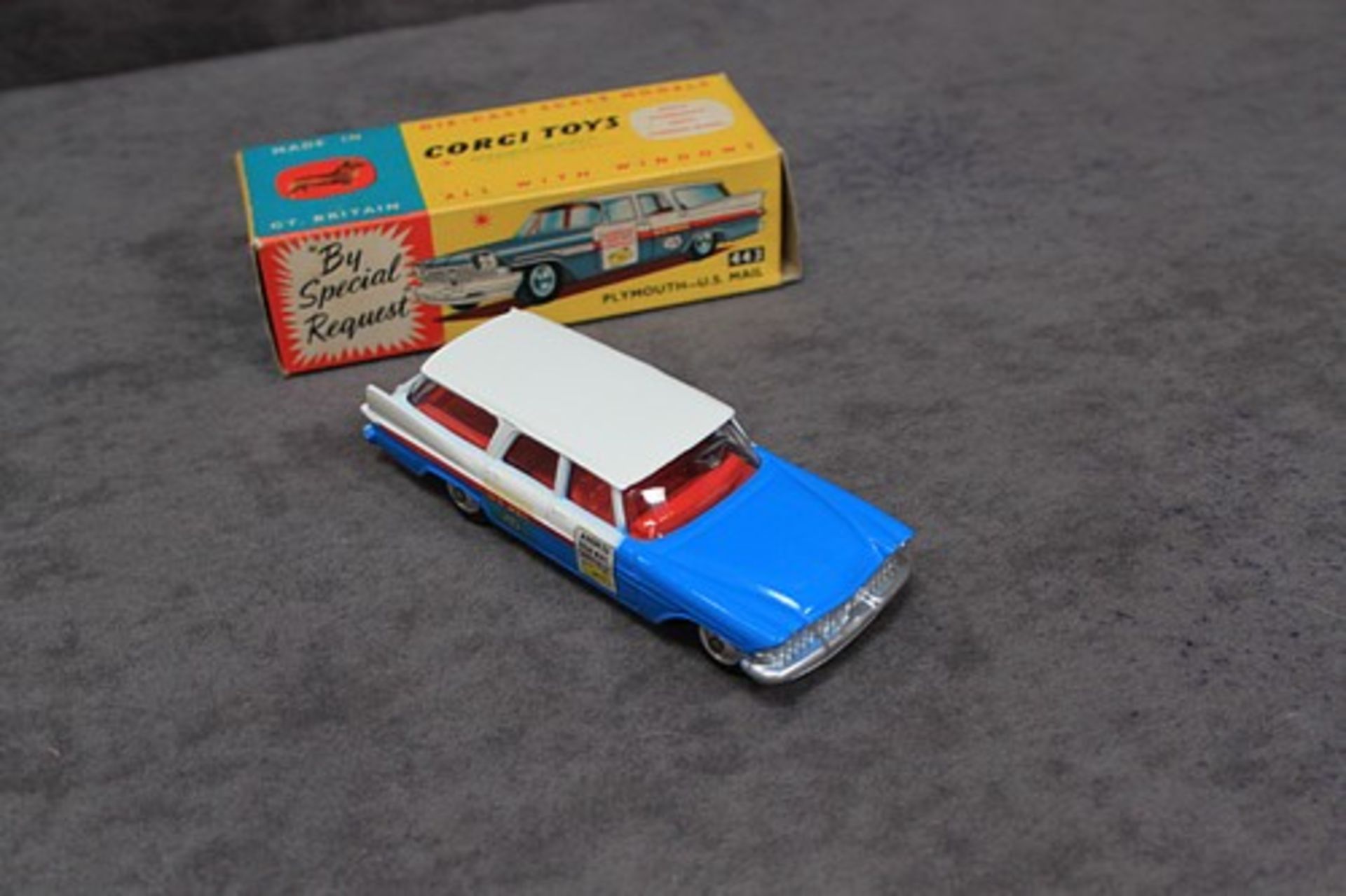 Mint Corgi Toys Diecast #443 Plymouth US Mail with leaflet in mint box