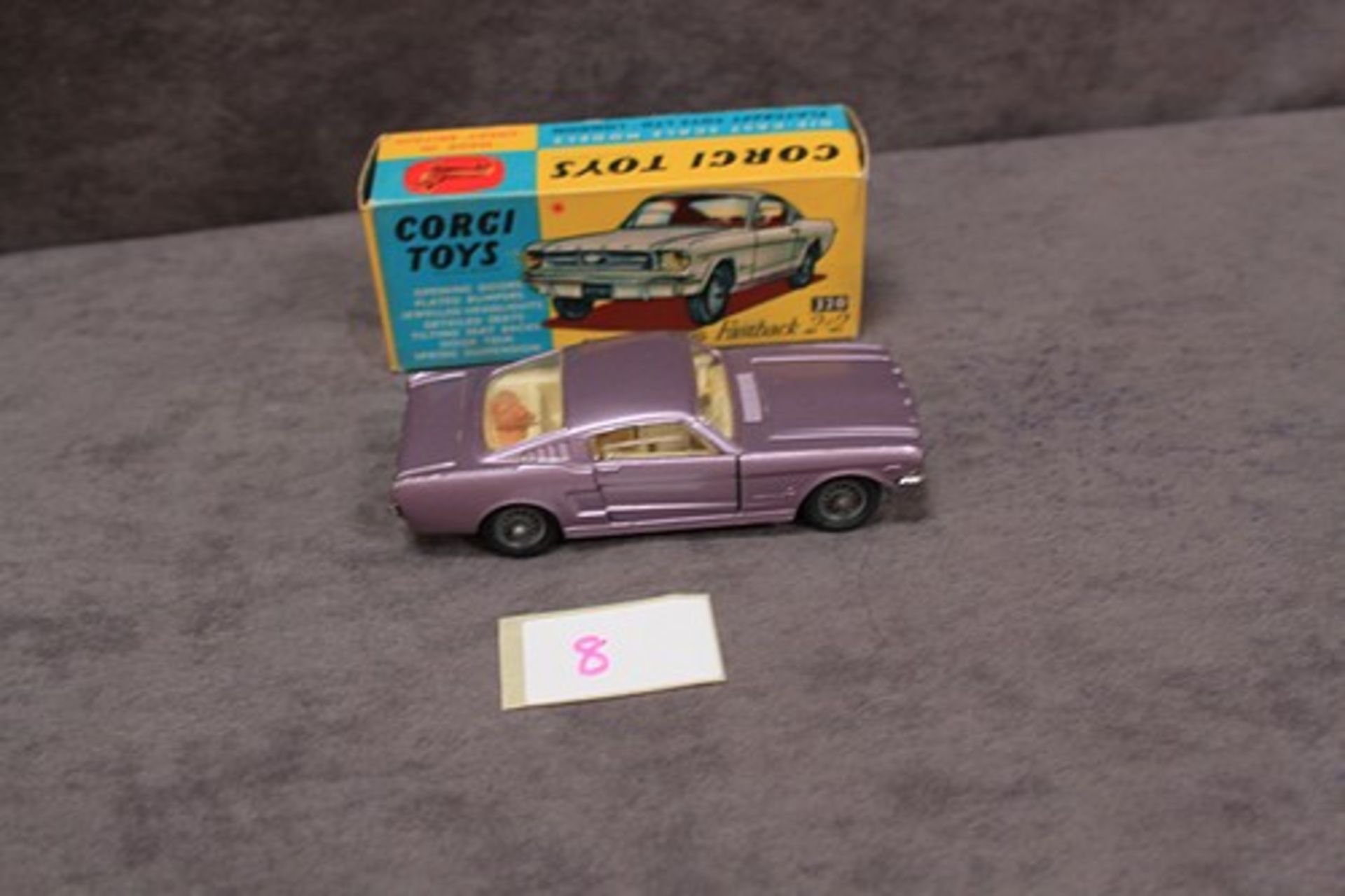 Mint Corgi Toys Diecast #320 Ford Mustang Fastback 2+2 in lilac in a firm mint box - Image 2 of 2