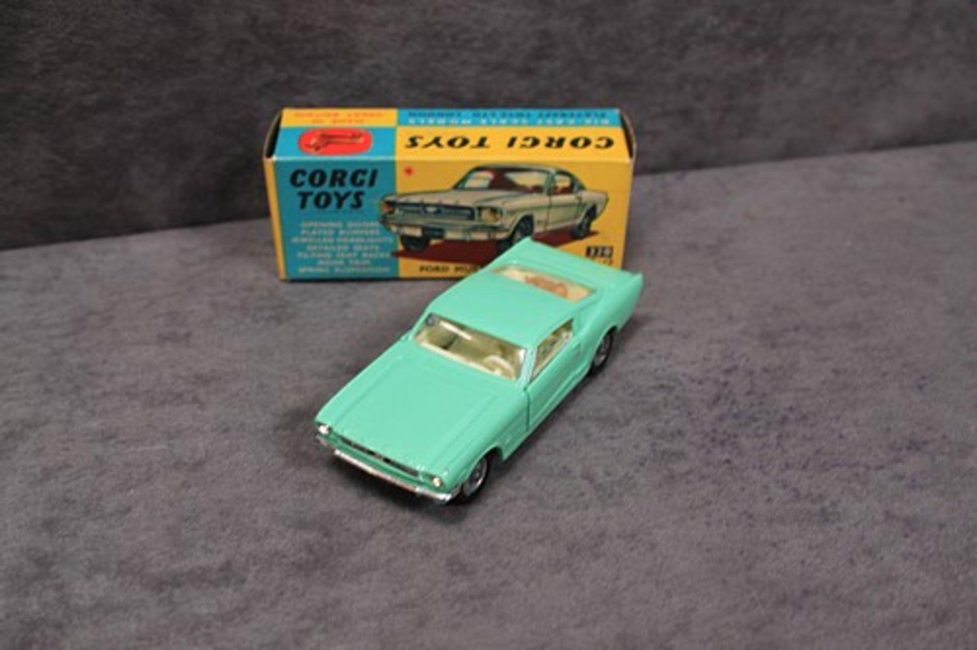 Mint Corgi Toys Diecast #320 Ford Mustang Fastback 2+2 in light green a firm box (tiny storage crack - Image 2 of 2