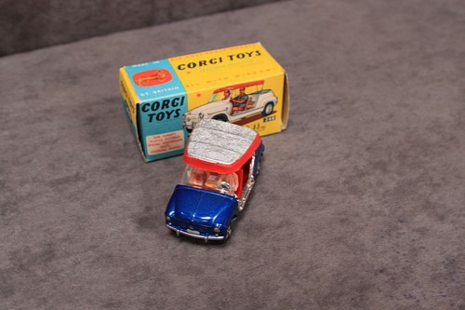 Mint Corgi Toys Diecast #240 Ghia-Fiat 600 Jolly with two figures in blue & red in a nr mint box