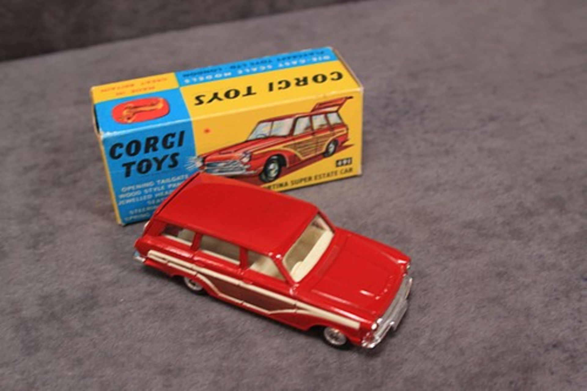 Mint Corgi Toys Diecast #491 Ford Consul Cortina Super Estate Car in red with leaflet in mint box