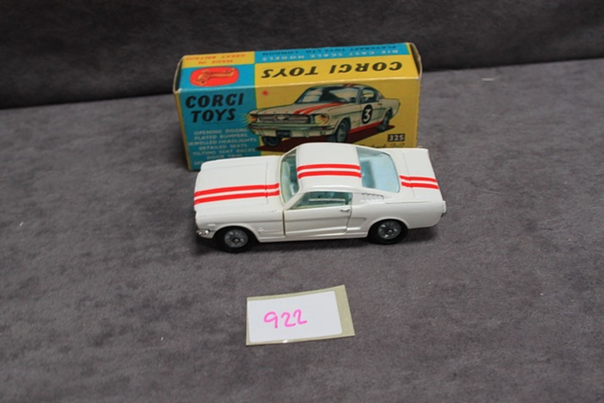 Mint Corgi Toys diecast #325 Ford Mustang fast back 2+2 in white with red stripes and leaflet in - Image 2 of 3