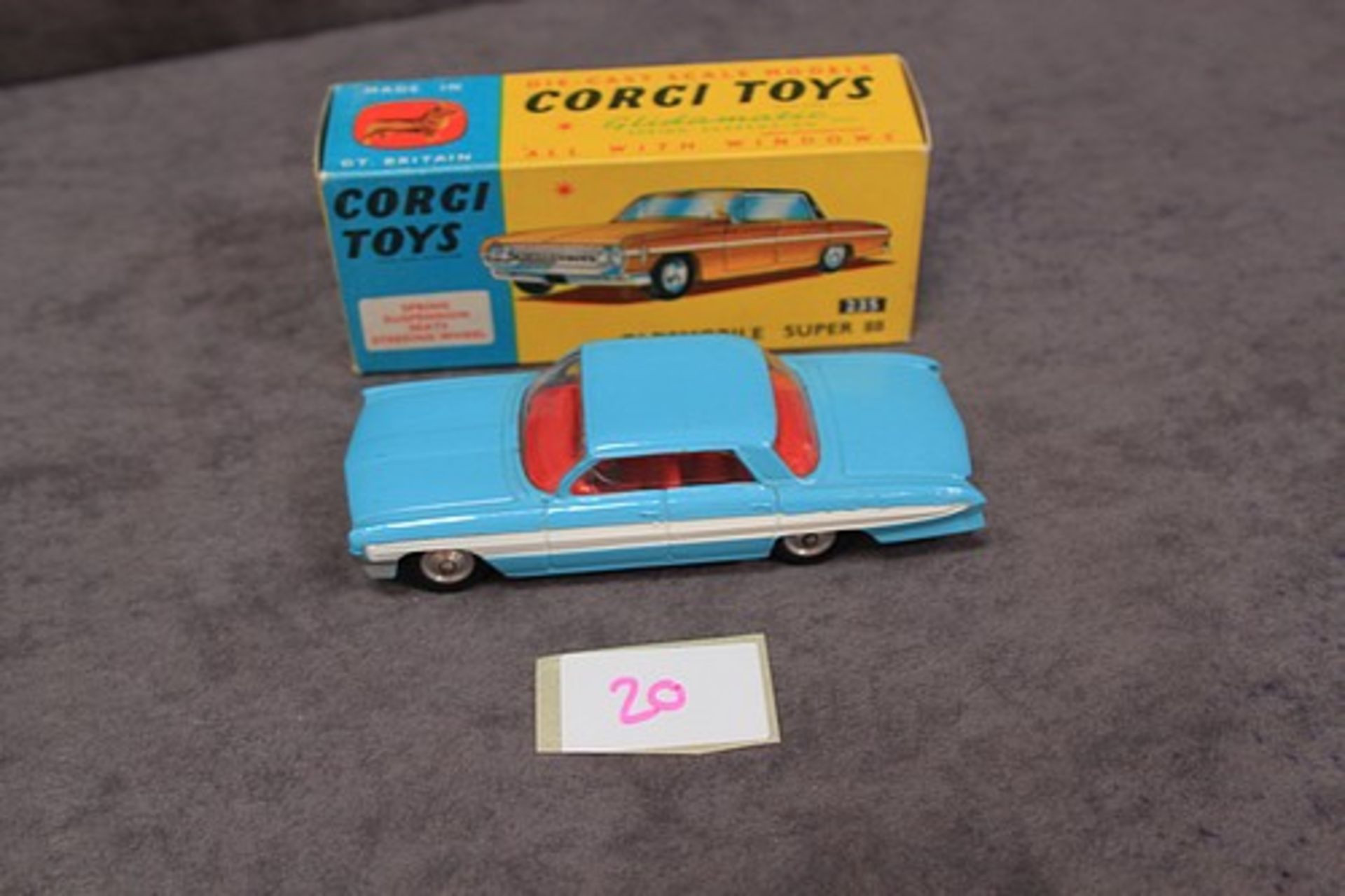 Mint Corgi Toys Diecast #235 Oldsmobile Super 88 rarer in light blue with white strip with leaflet - Image 2 of 2