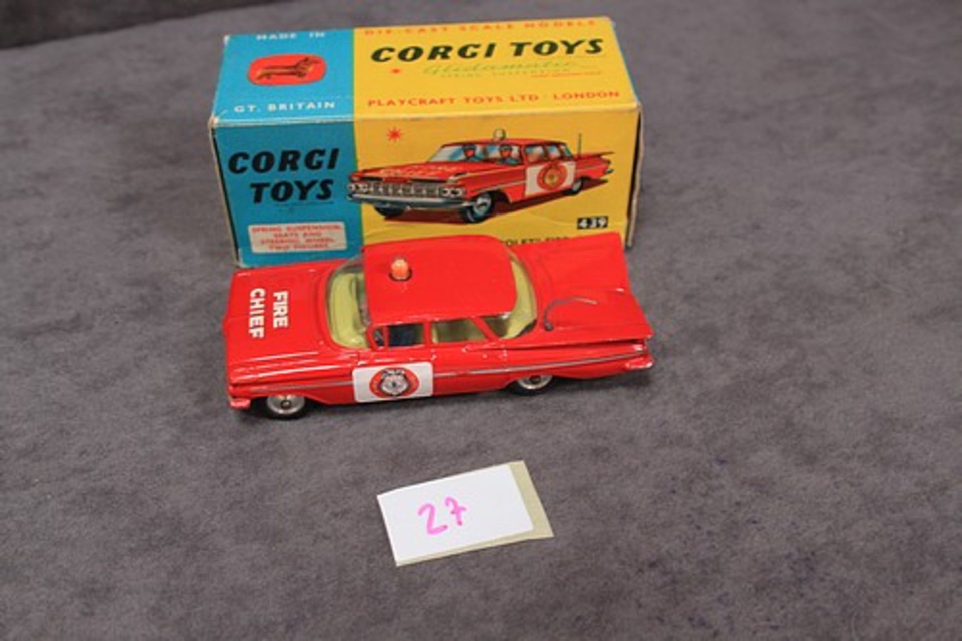 Mint Corgi Toys Diecast #439 Chevrolet Fire Chief Car in a very good box some storage crushing - Image 2 of 2