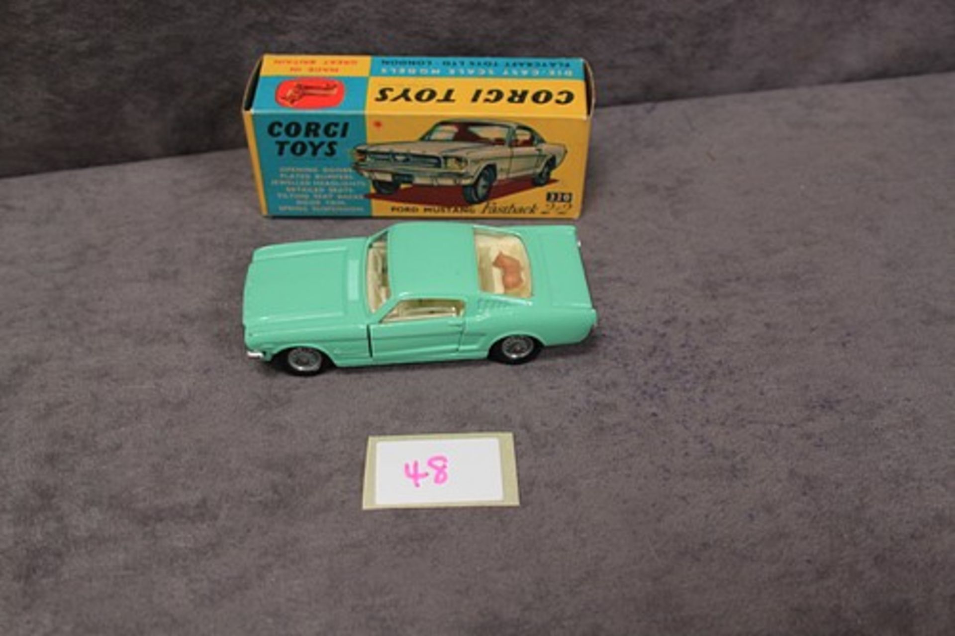 Mint Corgi Toys Diecast #320 Ford Mustang Fastback 2+2 in light green a firm box (tiny storage crack