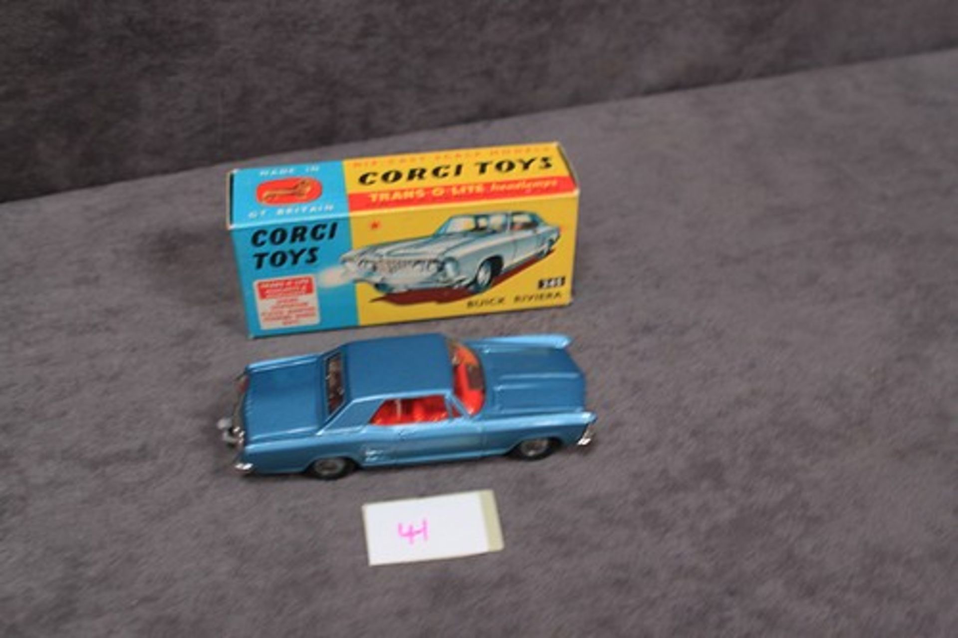 Mint Corgi Toys Diecast #245 Buick Riviera in metallic blue in a crisp box