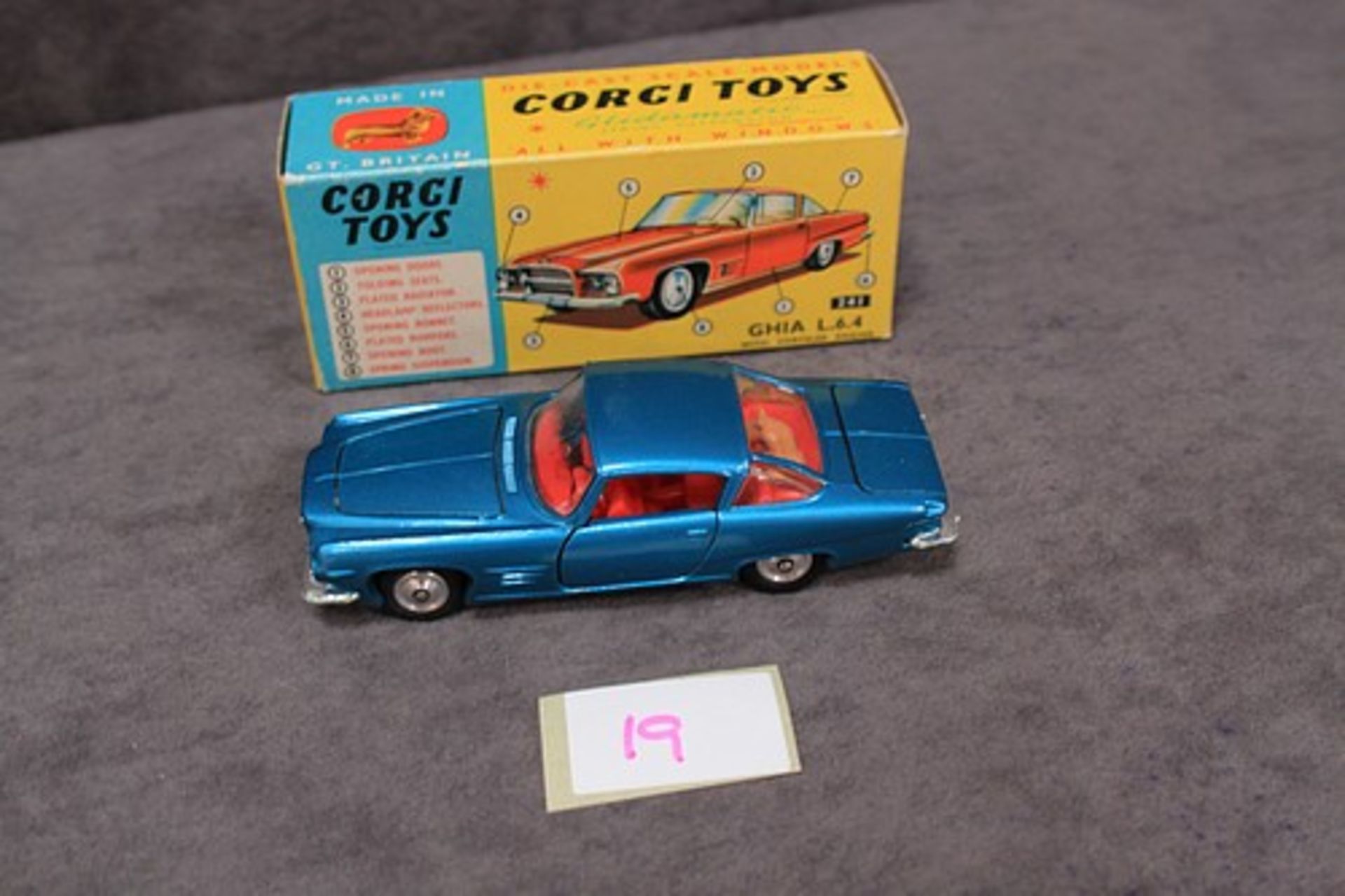 Mint Corgi Toys Diecast #241 Ghia L 6.4 in metallic blue with leaflet in a firm mint box - Image 2 of 2