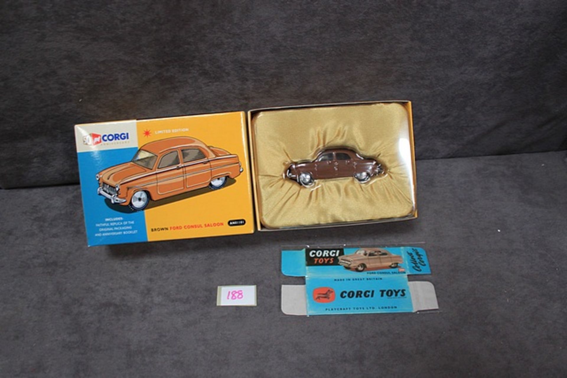 Corgi 50th Anniversary Limited Edition Diecast #AN01101 Ford Consul Saloon - Brown with corgi blue