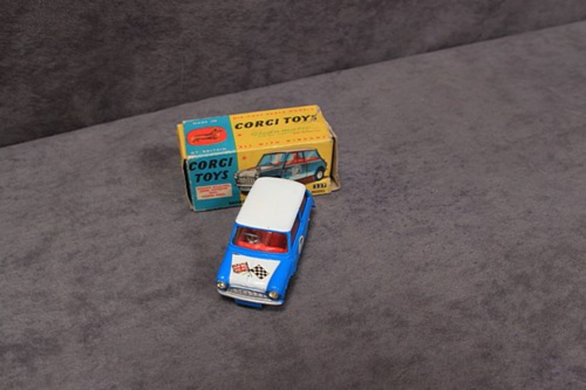 Corgi Toys Diecast #227 Morris Mini Cooper Competition Model in blue with rare red interior in a