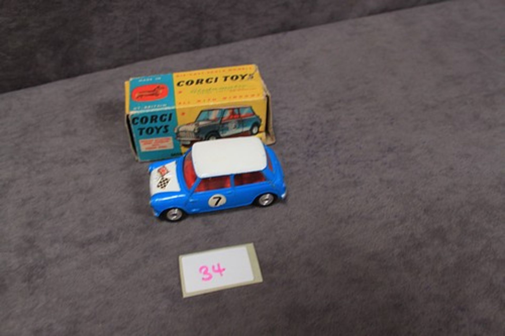 Corgi Toys Diecast #227 Morris Mini Cooper Competition Model in blue with rare red interior in a - Image 2 of 2