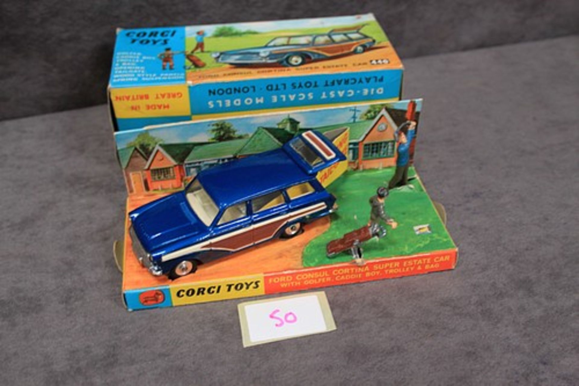 Mint Corgi Toys Diecast #440 Ford Consul Cortina Super Estate Car with golfer Caddie boy, trolley