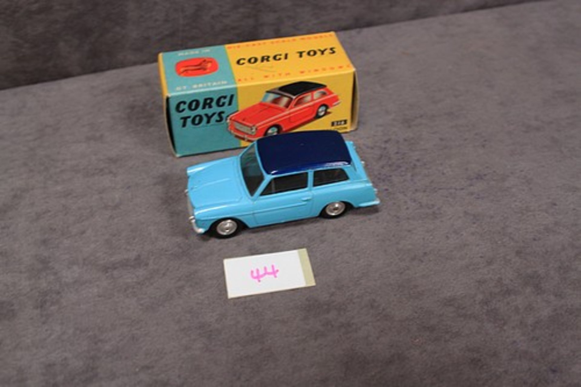 Nr Mint Corgi Toys Diecast #216 Austin A40 Saloon in two tone blue wioth leaflet in a firm crisp box