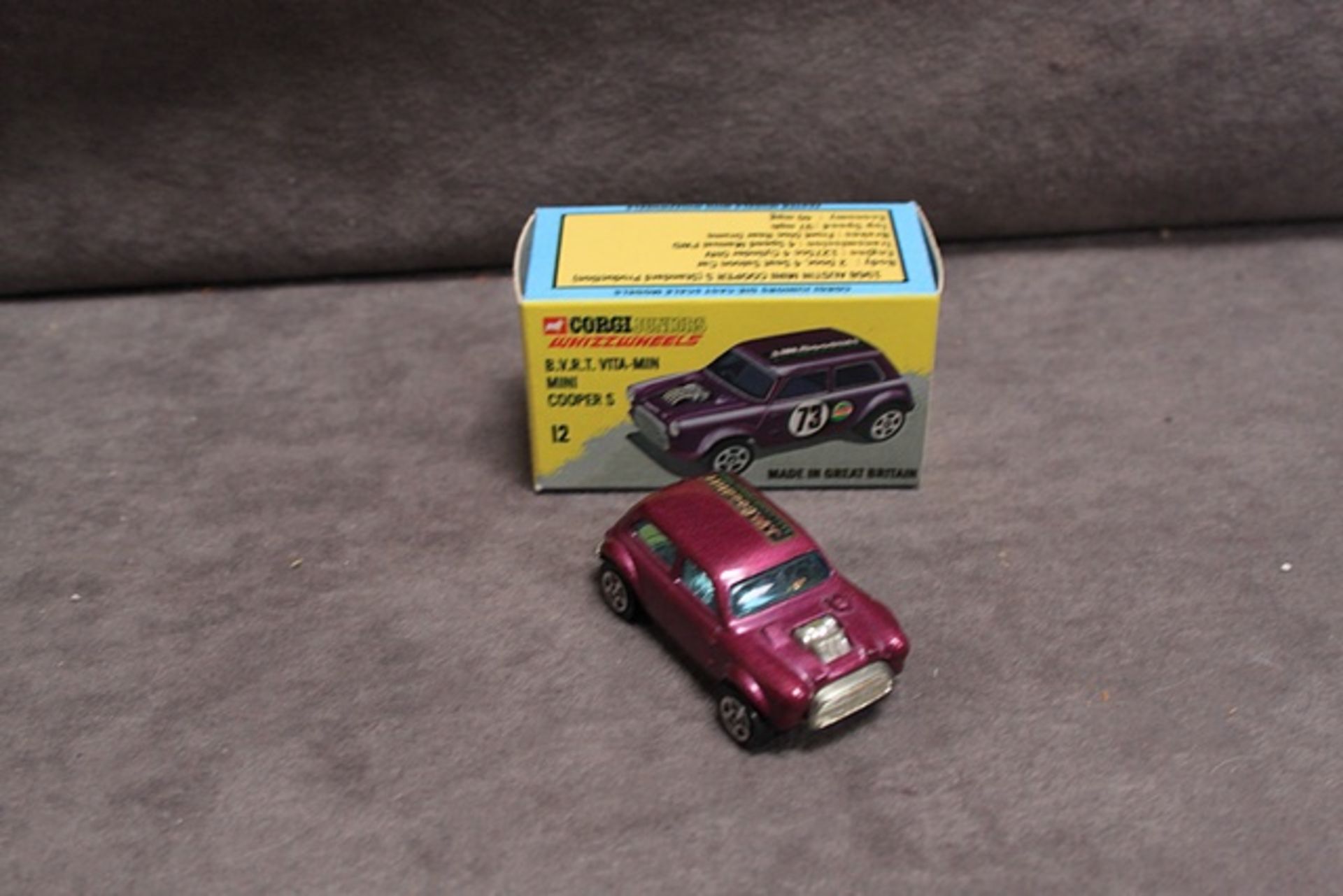 Mint Corgi WhizzWheels diecast #12 BVRT Vita-Min Mini Cooper S in purple in 'Code 2' manufactured - Image 3 of 3