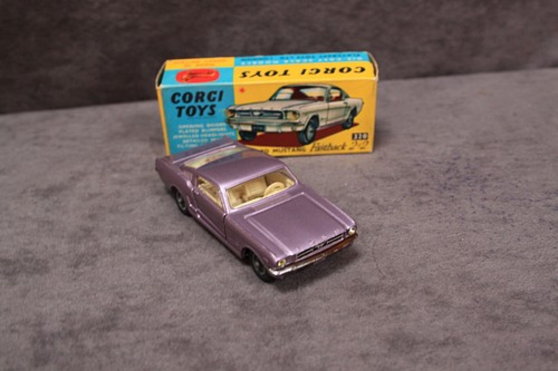 Mint Corgi Toys Diecast #320 Ford Mustang Fastback 2+2 in lilac in a firm mint box