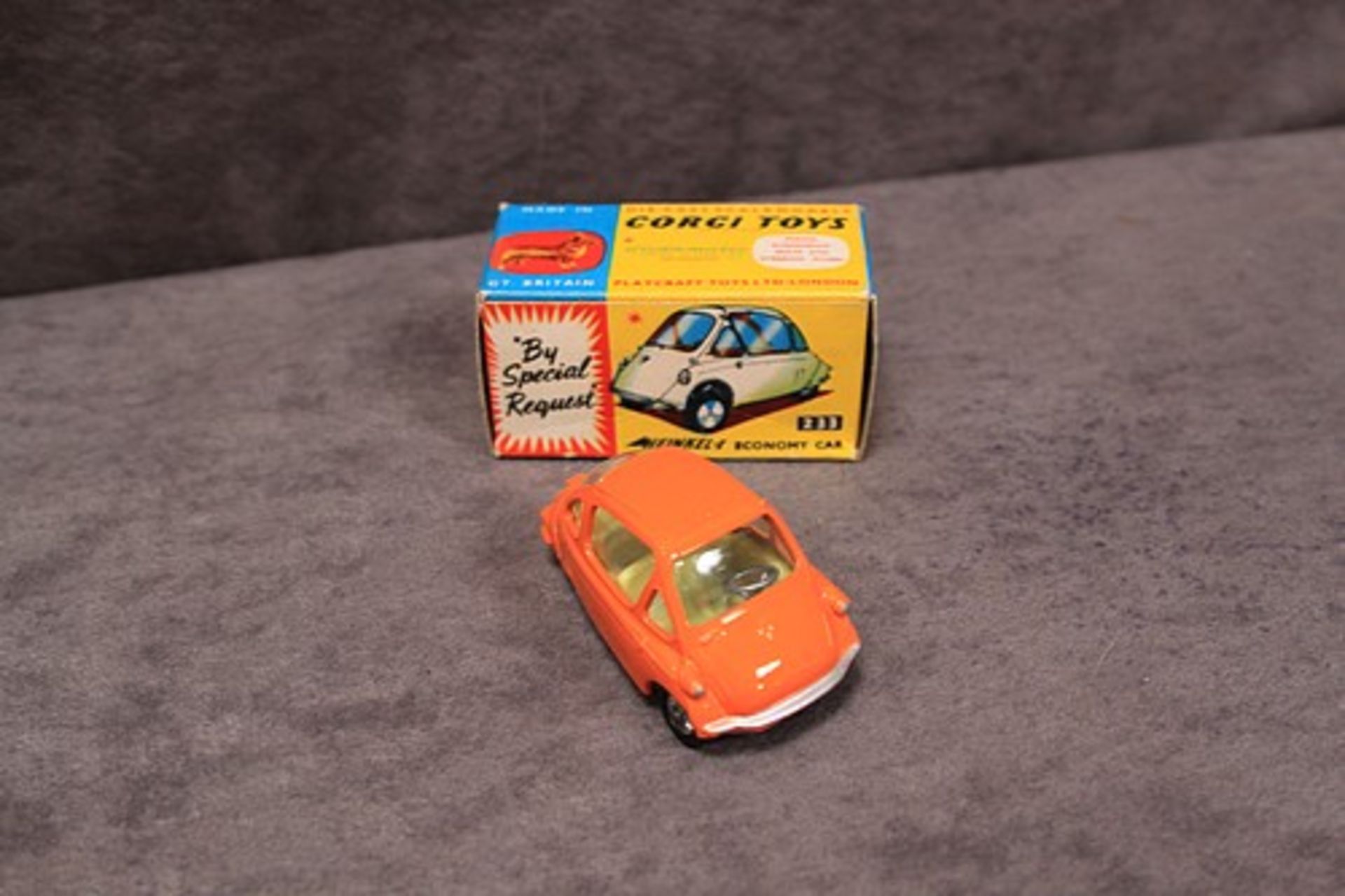 Mint Corgi Toys Diecast #233 Heinkel Economy Car in orange with leaflet in a nr mint box some