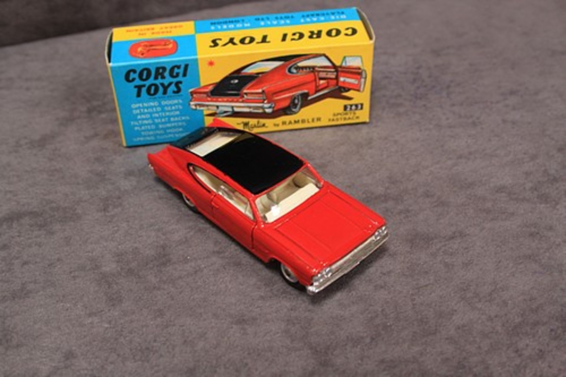 Mint Corgi Toys Diecast #263 Marlin by Rambler sports Fastback in red & Black in a firm nr mint box