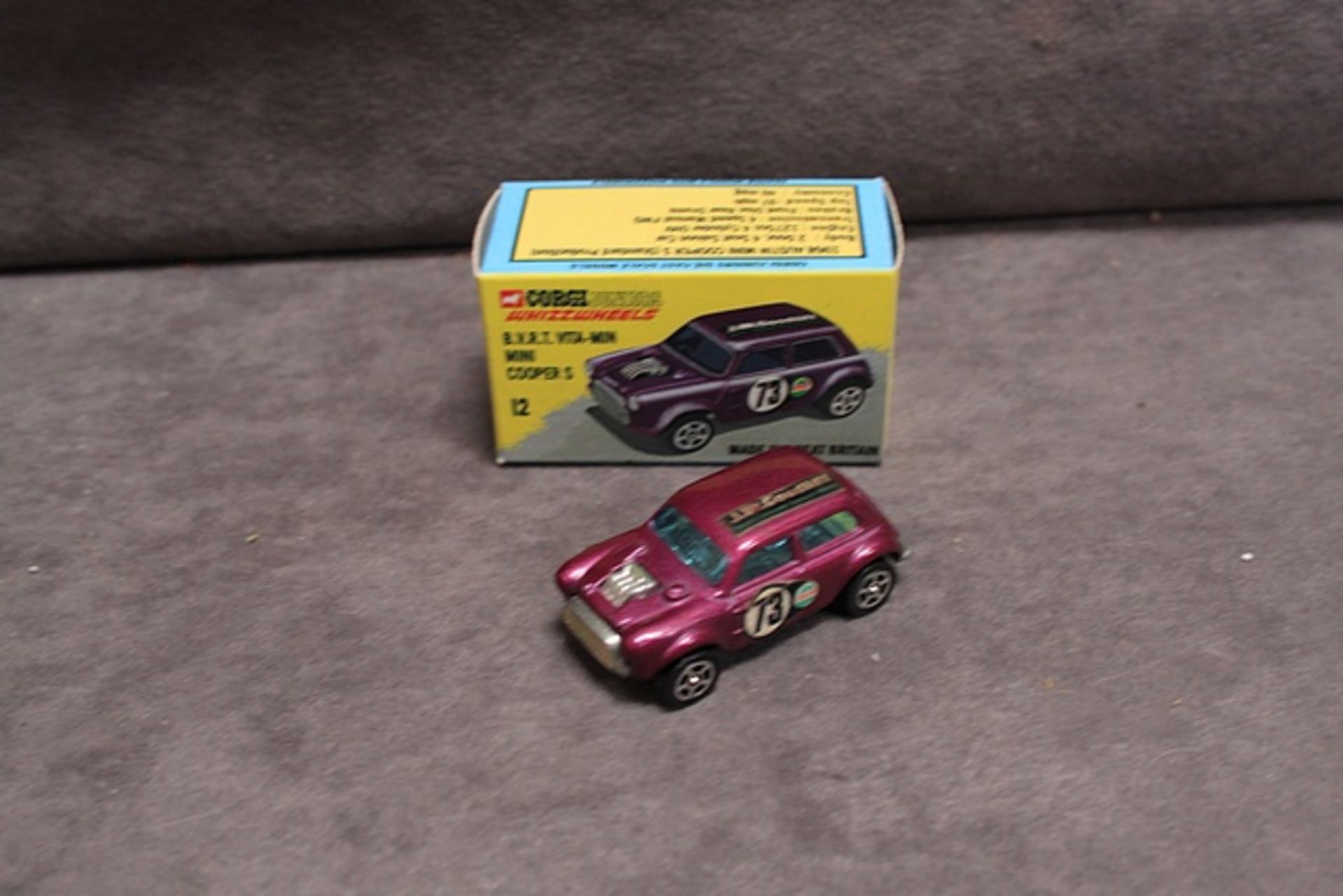 Mint Corgi WhizzWheels diecast #12 BVRT Vita-Min Mini Cooper S in purple in 'Code 2' manufactured