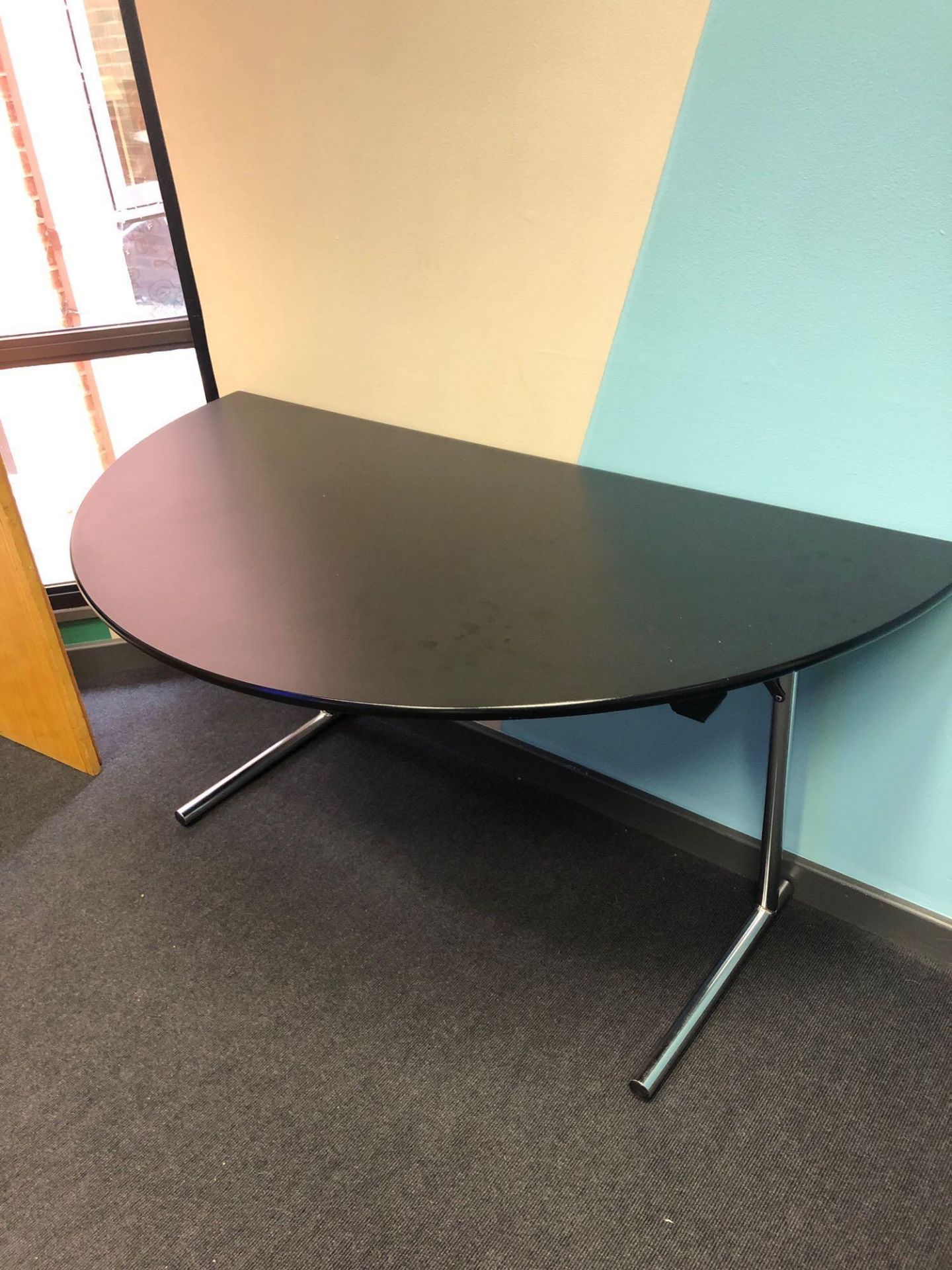 6x Burgess Furnitures Black And Chrome Conference Tables Half Circle 1500 x 750 Mm