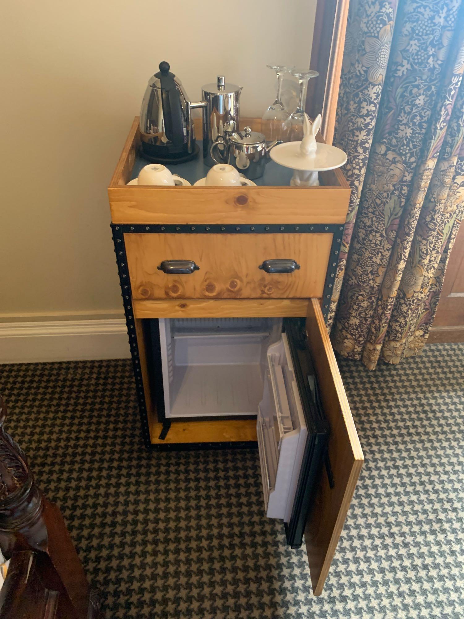 Wooden Cabinet Fitted Internally With Mini Refrigerator Single Door Single Drawer Gallery Top For - Image 2 of 3