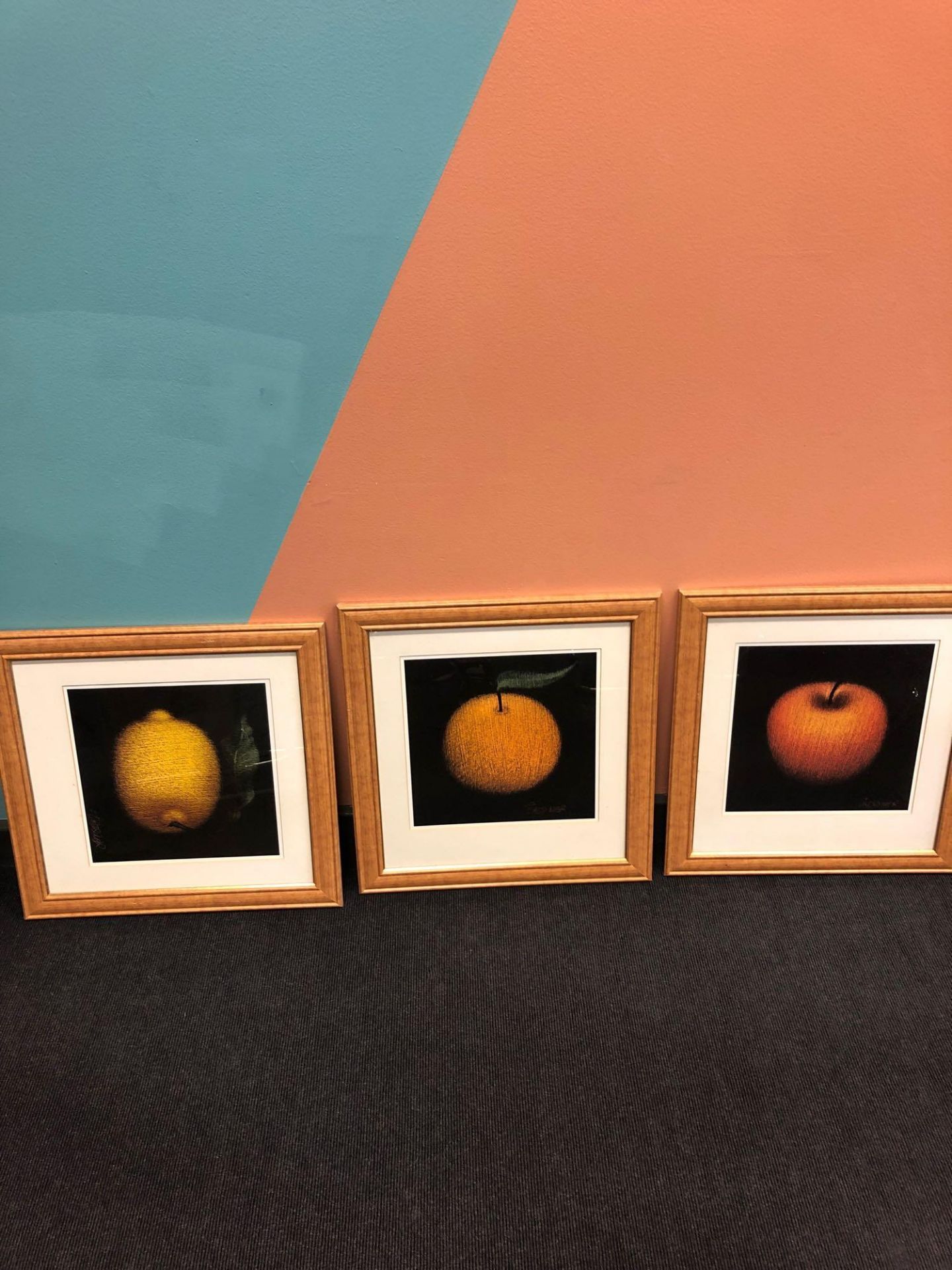 3 x Fruit Prints Of Lemon Orange And An Apple And A Wooden Frame 500 x 540 Mm