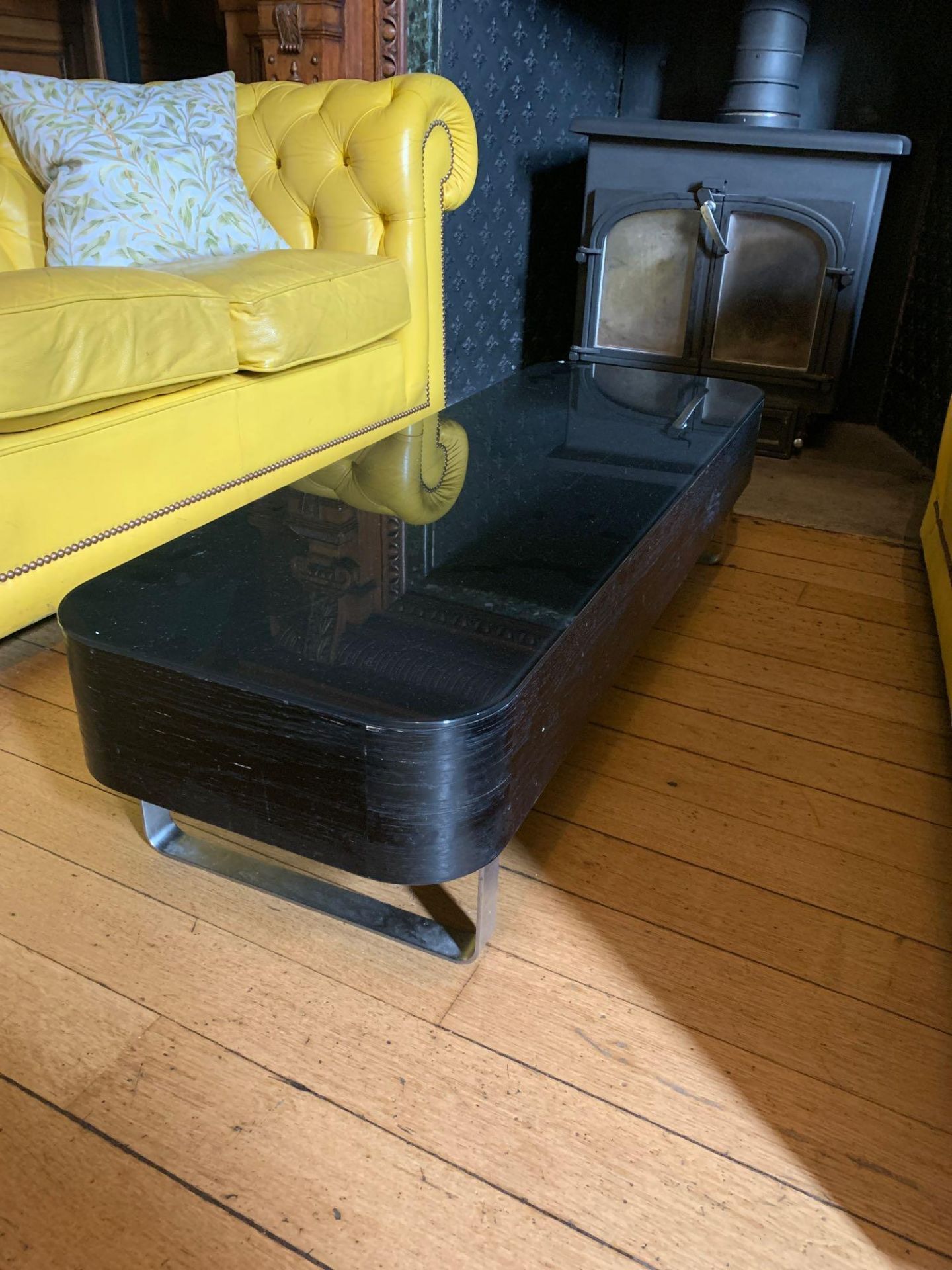 Low Level Modern Occasional Coffee Table With A Clear Glass Top And Wood Wrapped Veneer 120 X 40 X