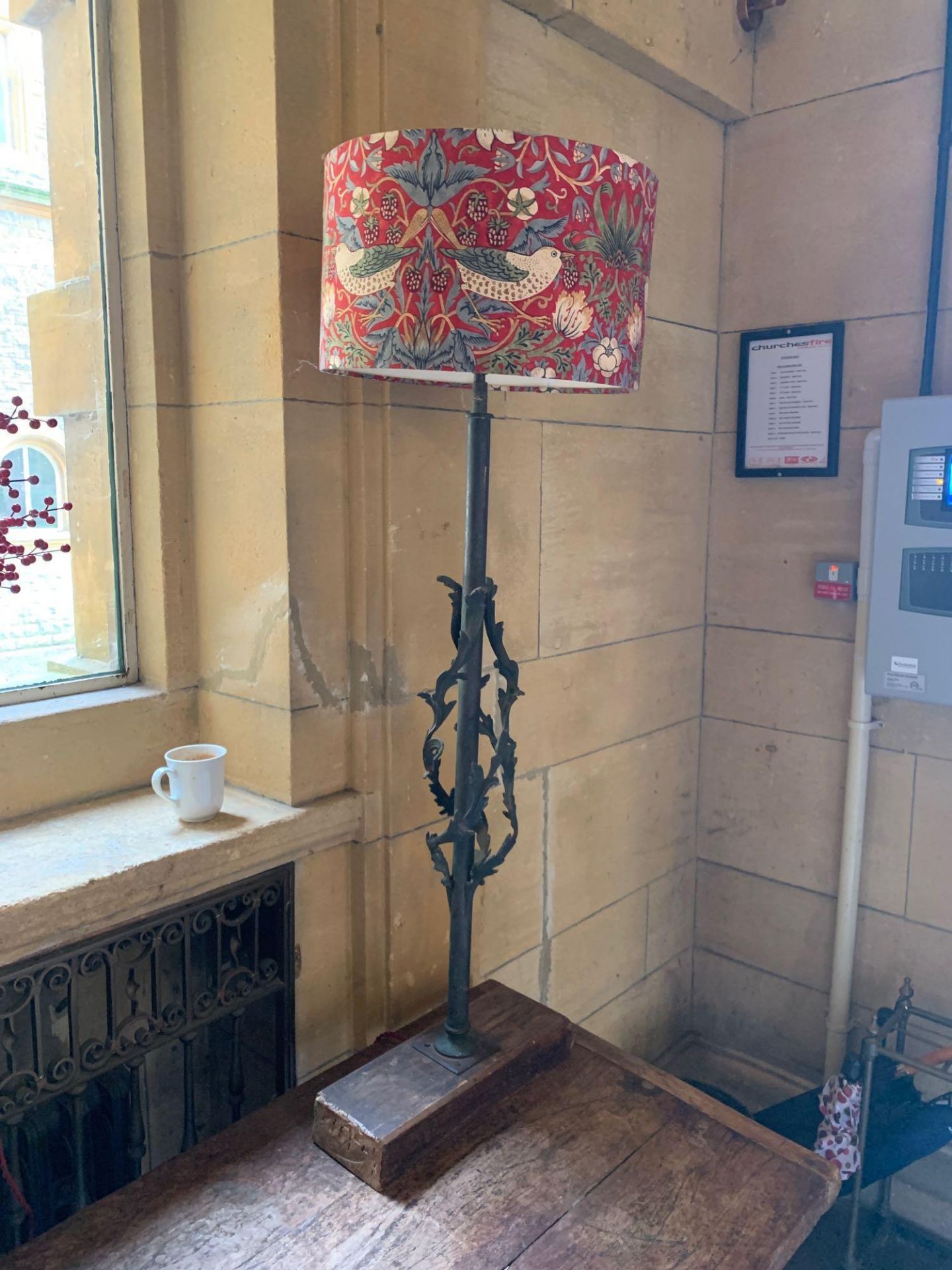 Oak And Metal Carved Tall Lamp With Linen Shade 123cm Tall - Image 4 of 4