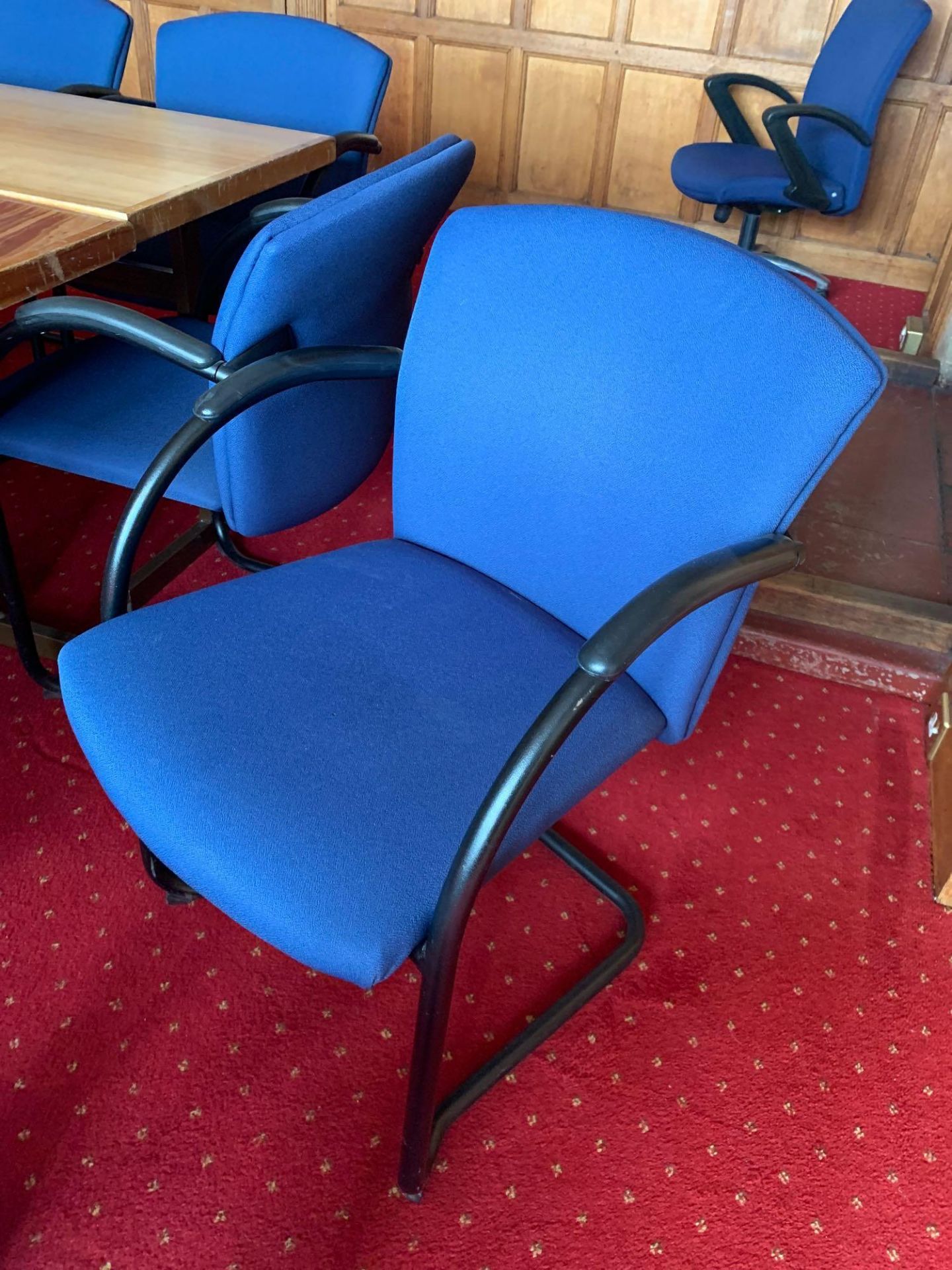 12 x Burgess Furniture Cantilever Armchairs With Blue Upholstery And Black Frame