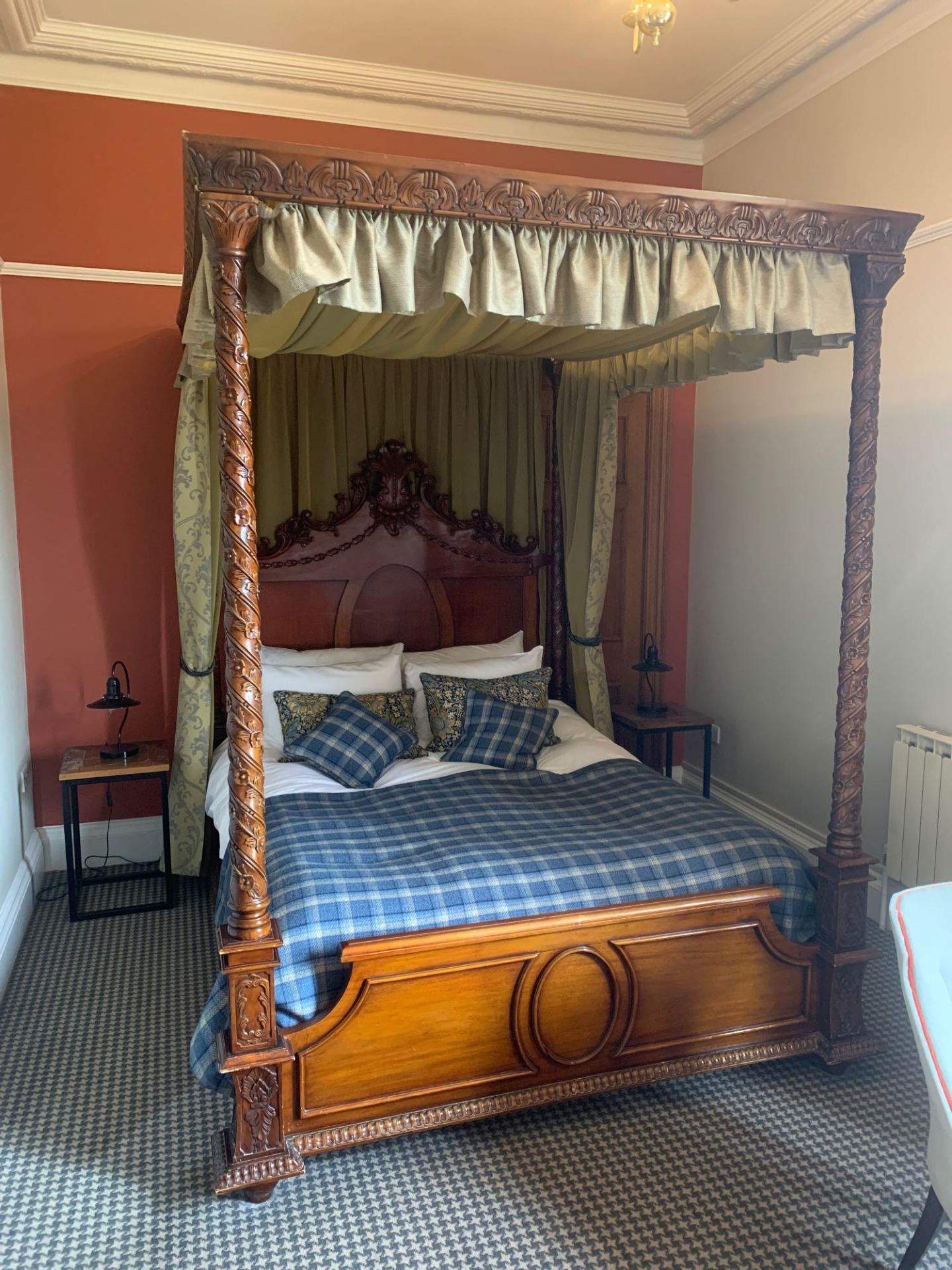 Mahogany Carved 4 Poster Bed Complete With Canopy Antique French Style Bed With Dressed Column Posts