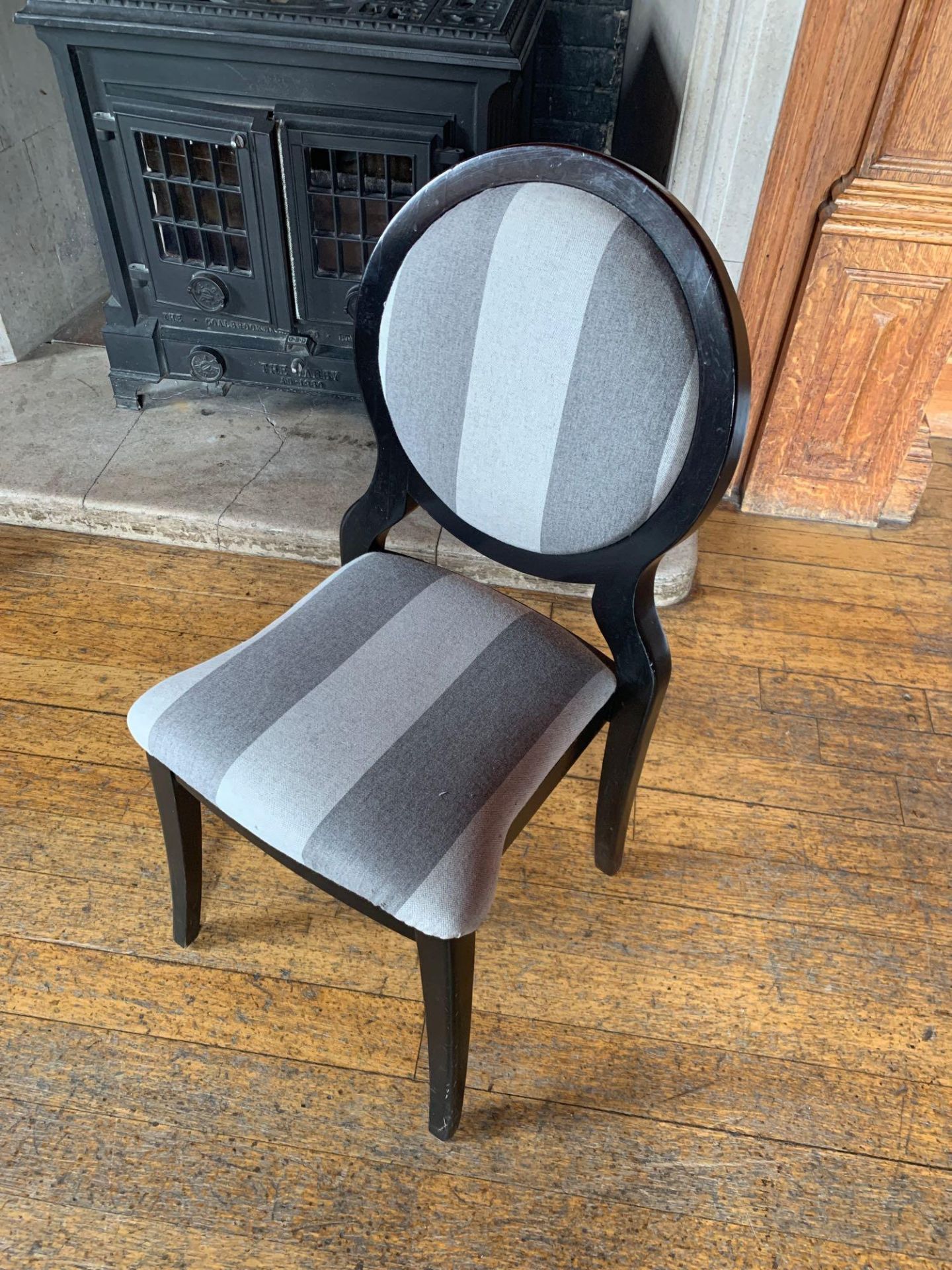Burgess Furnitures Furniture Round Back Grey Striped Banquet Chairs x 10 95 x 43 x 98cm