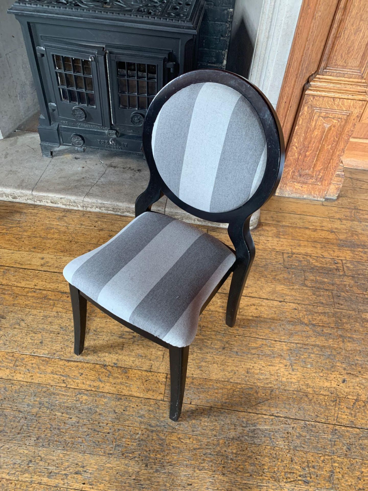 Burgess Furnitures Furniture Round Back Grey Striped Banquet Chairs x 10 95 x 43 x 98cm